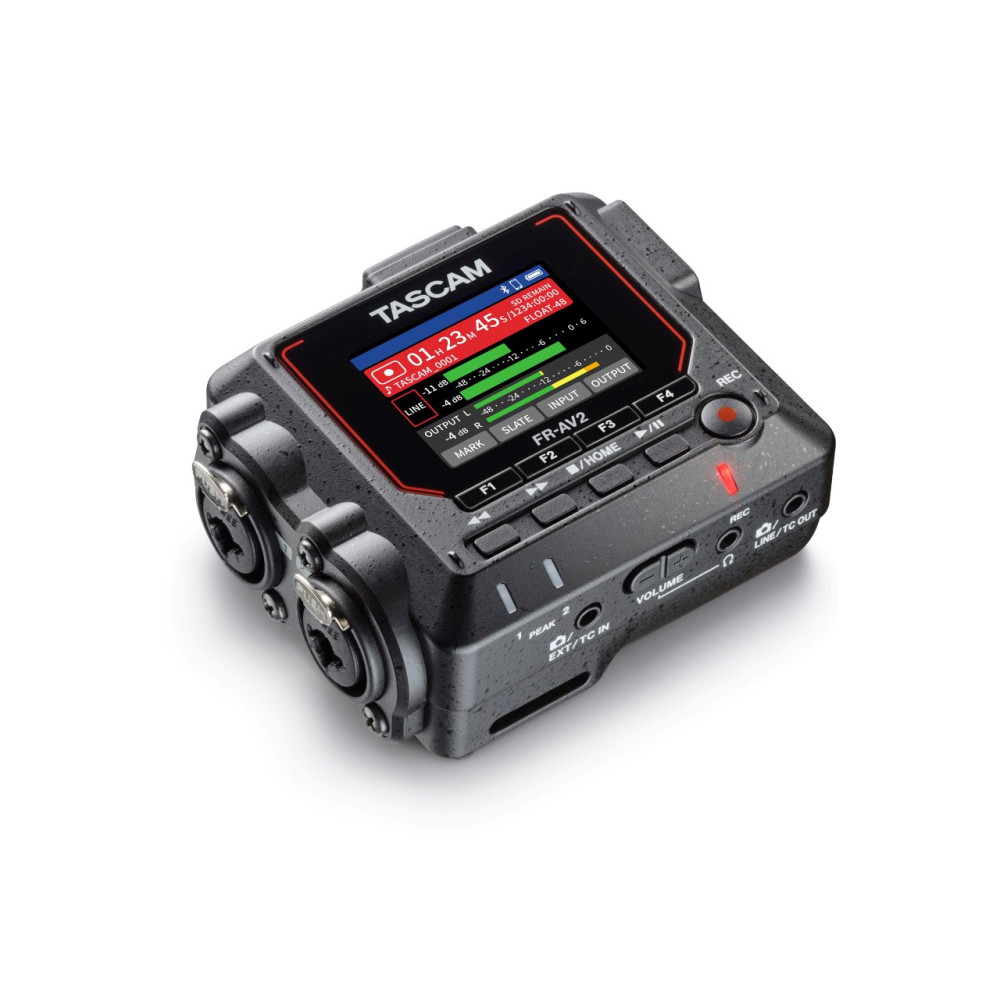 Czarny rejestrator audio Tascam FR-AV2 z ekranem i portami.