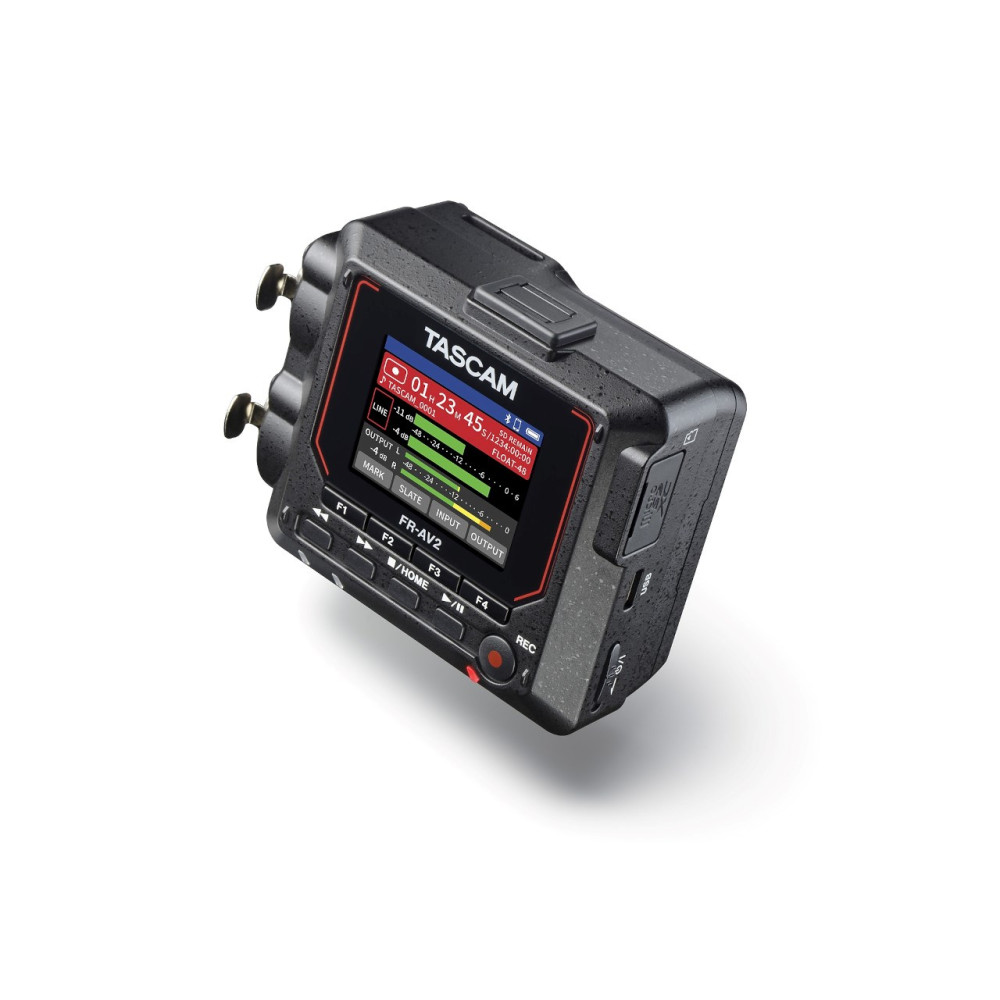 Czarny rejestrator audio TASCAM FR-AV2 z ekranem i przyciskami.