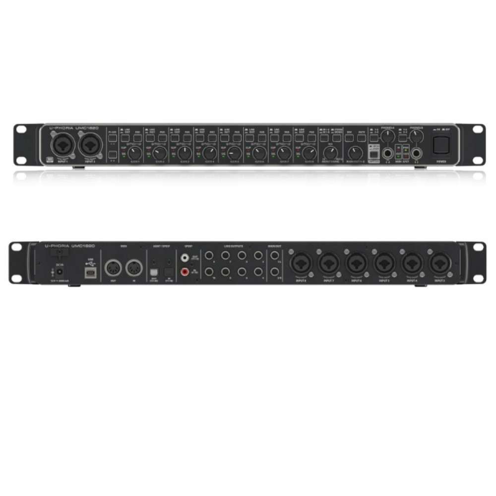 Czarne urządzenie audio z portami z przodu i z tyłu, gałkami i światłami.