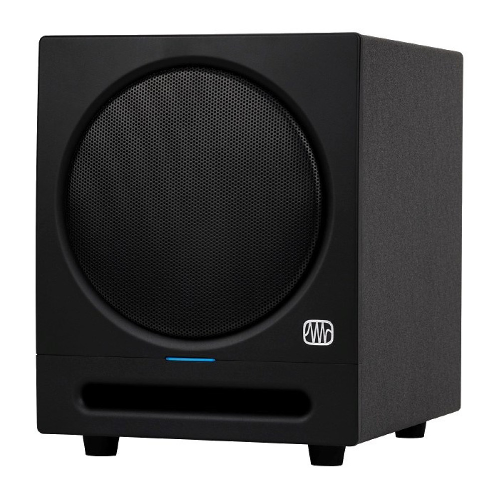 Subwoofer nero con griglia rotonda per altoparlante e luce LED blu.