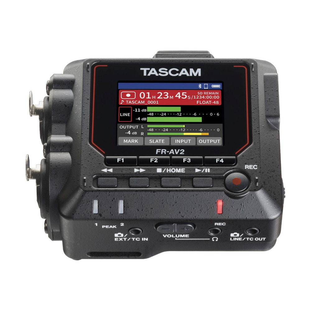 Czarny rejestrator Tascam FR-AV2 z ekranem i przyciskami.