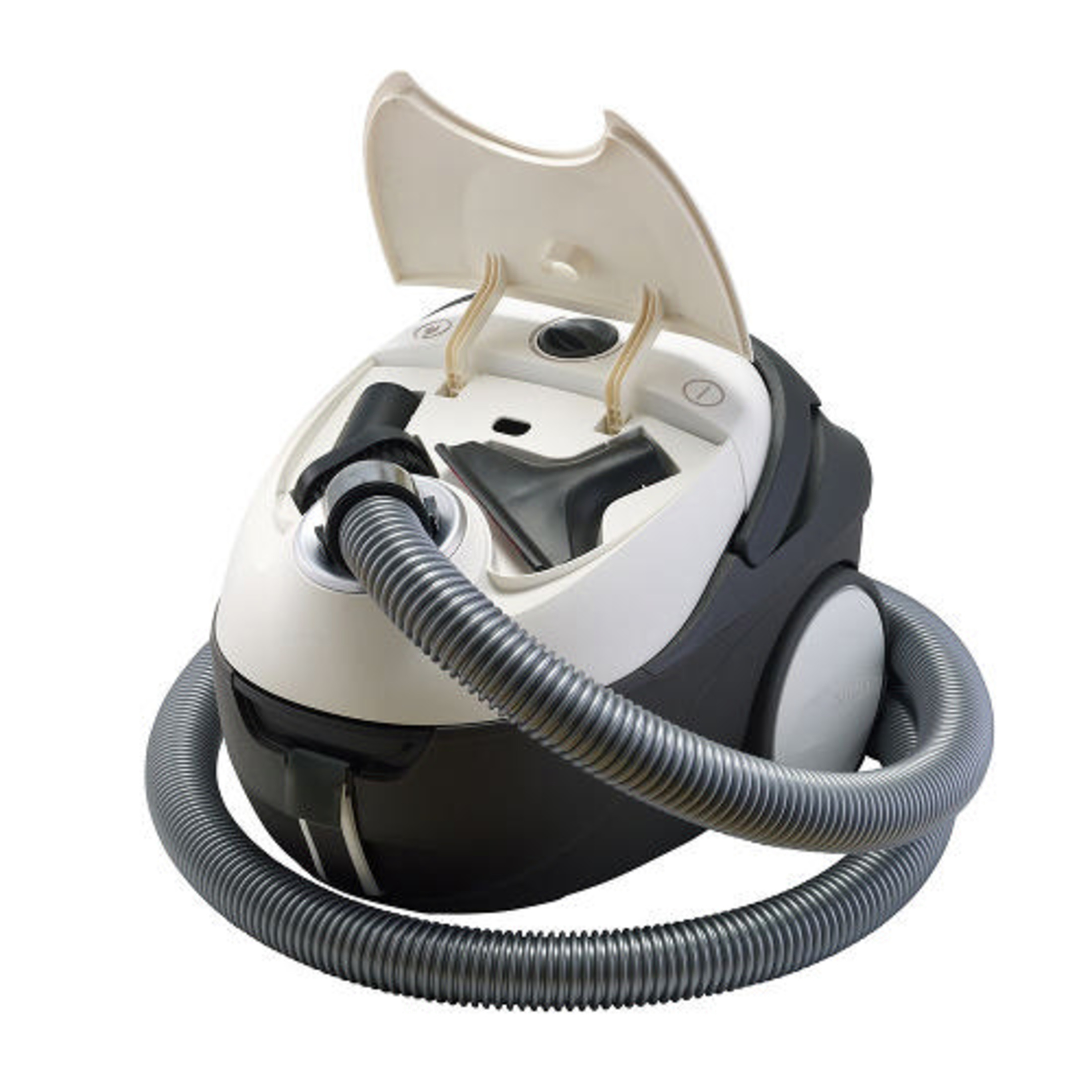 Biało-czarny odkurzacz z otwartą pokrywą i podłączonym węŸem.