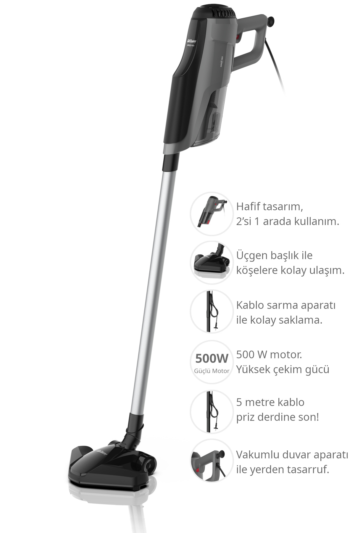 Aksesuar ve özelliklere sahip gri ve siyah el süpürgesi.