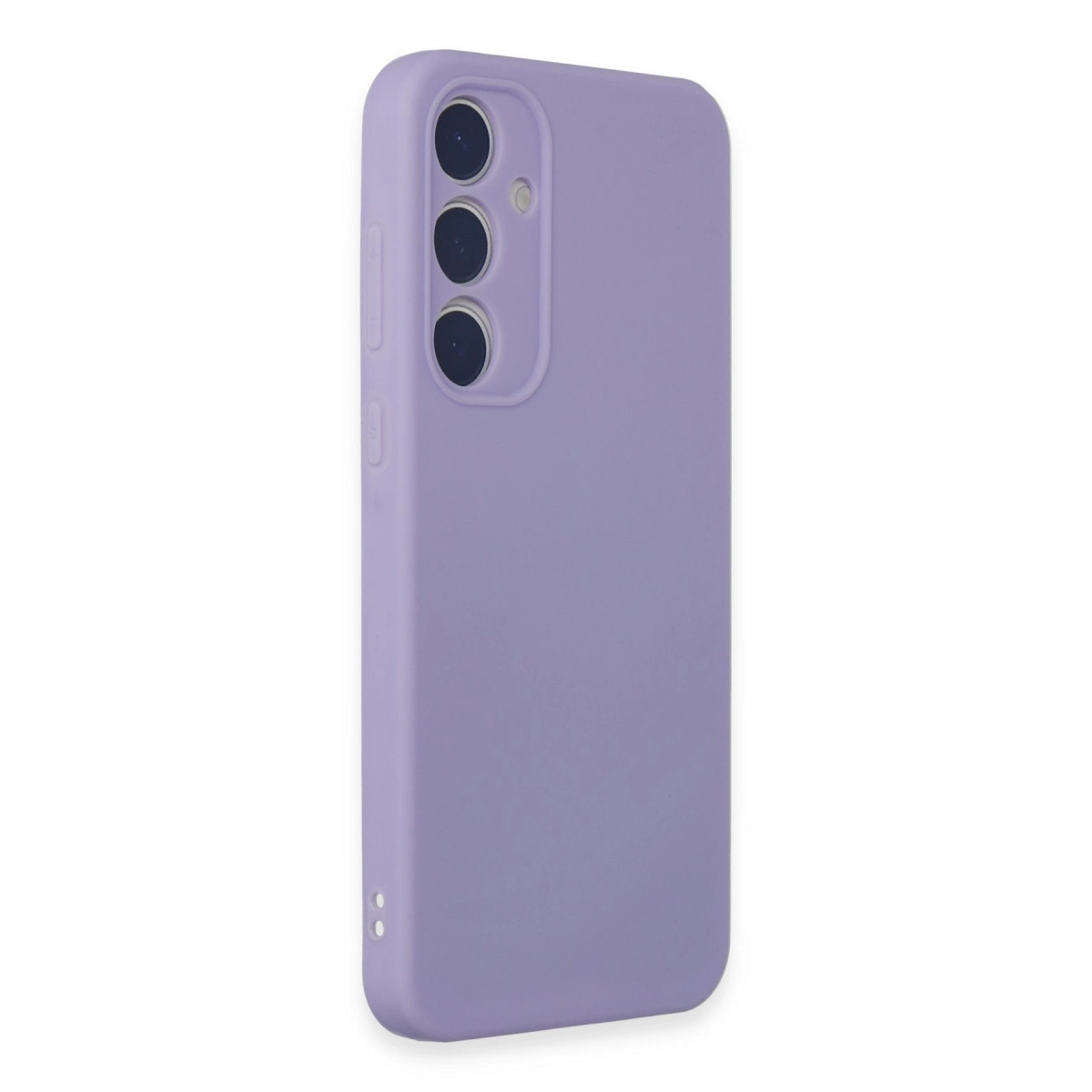 Üç kamera lensli ve düğmeli mor telefon kılıfı.