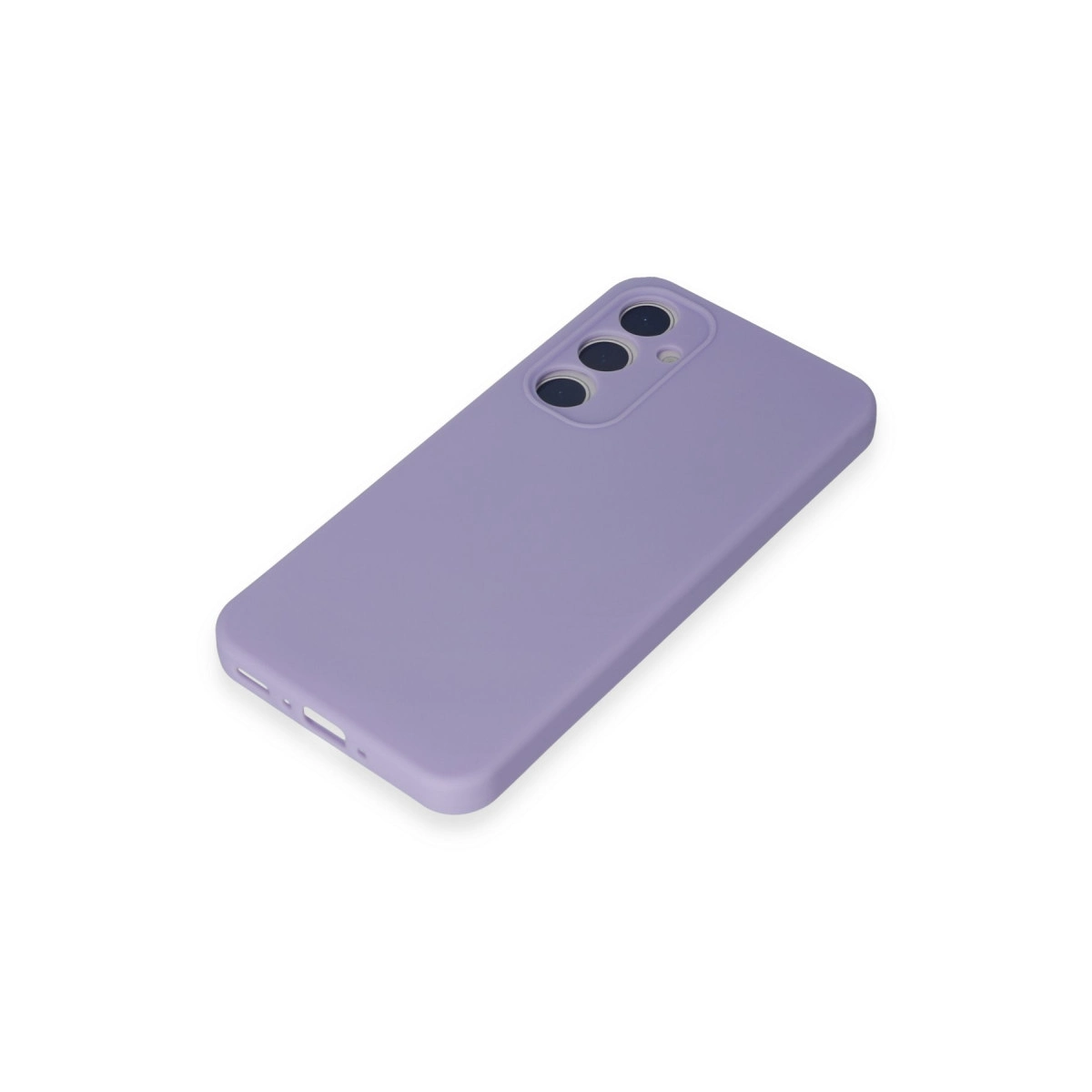 Arkada üç kamera lensli lavanta rengi telefon kılıfı.