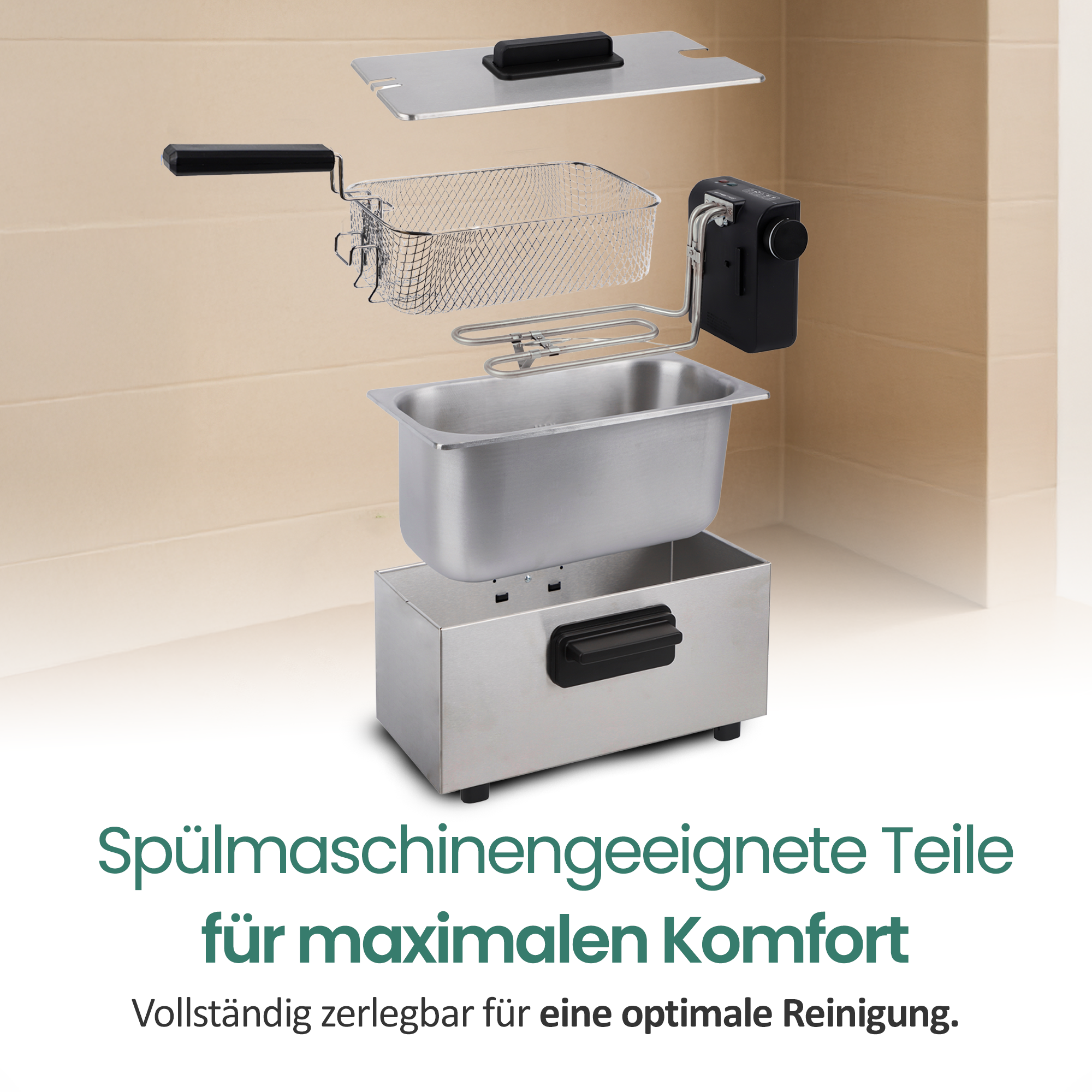 Zerlegte Fritteuse: Edelstahlbehälter, Korb, Deckel und Heizelement.