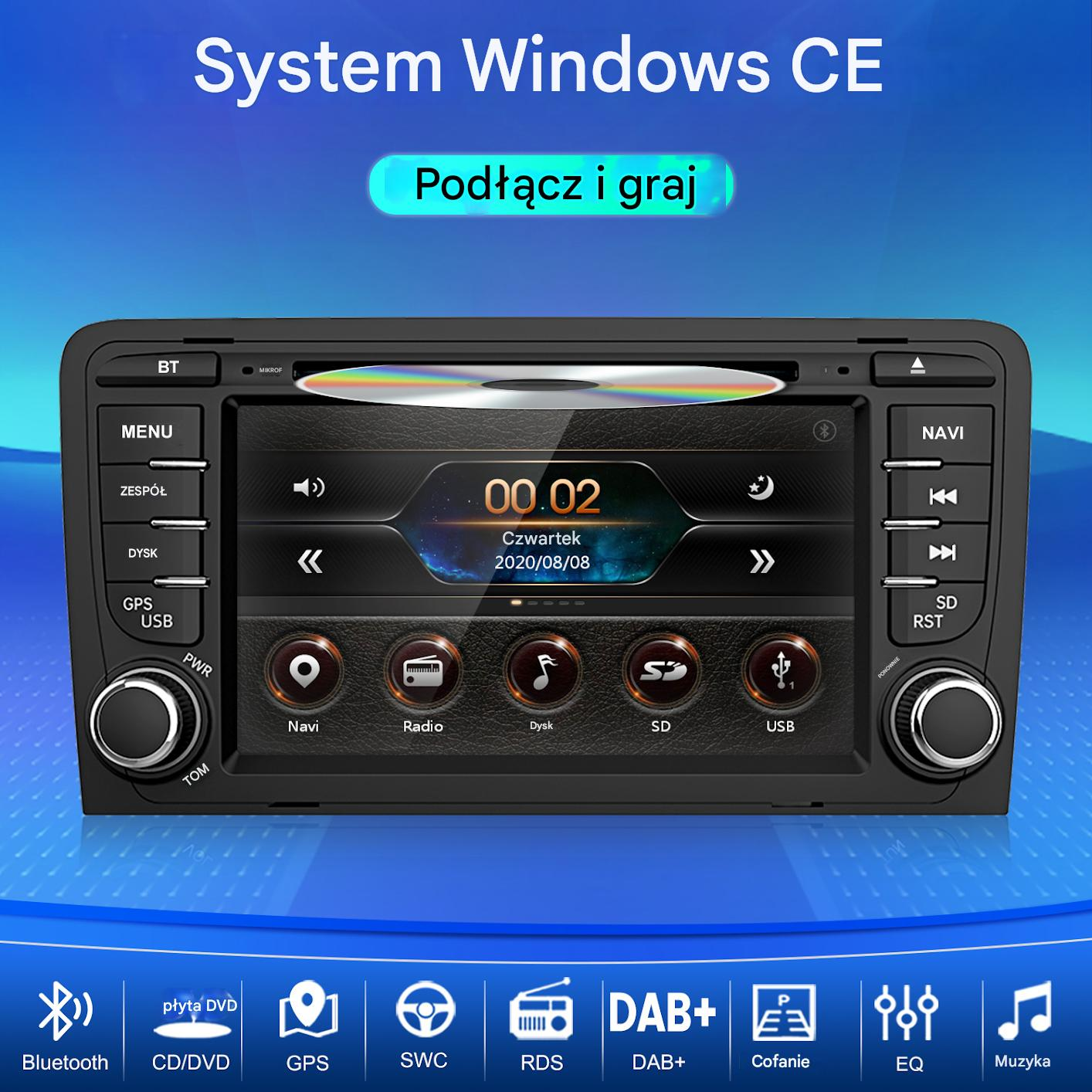 Radio samochodowe z gniazdem CD, ekranem dotykowym i przyciskami. Wyświetlacz pokazuje czas i datę.