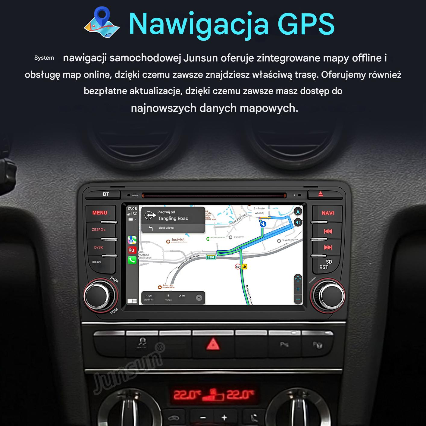Deska rozdzielcza samochodu z ekranem nawigacji GPS pokazującym trasę.