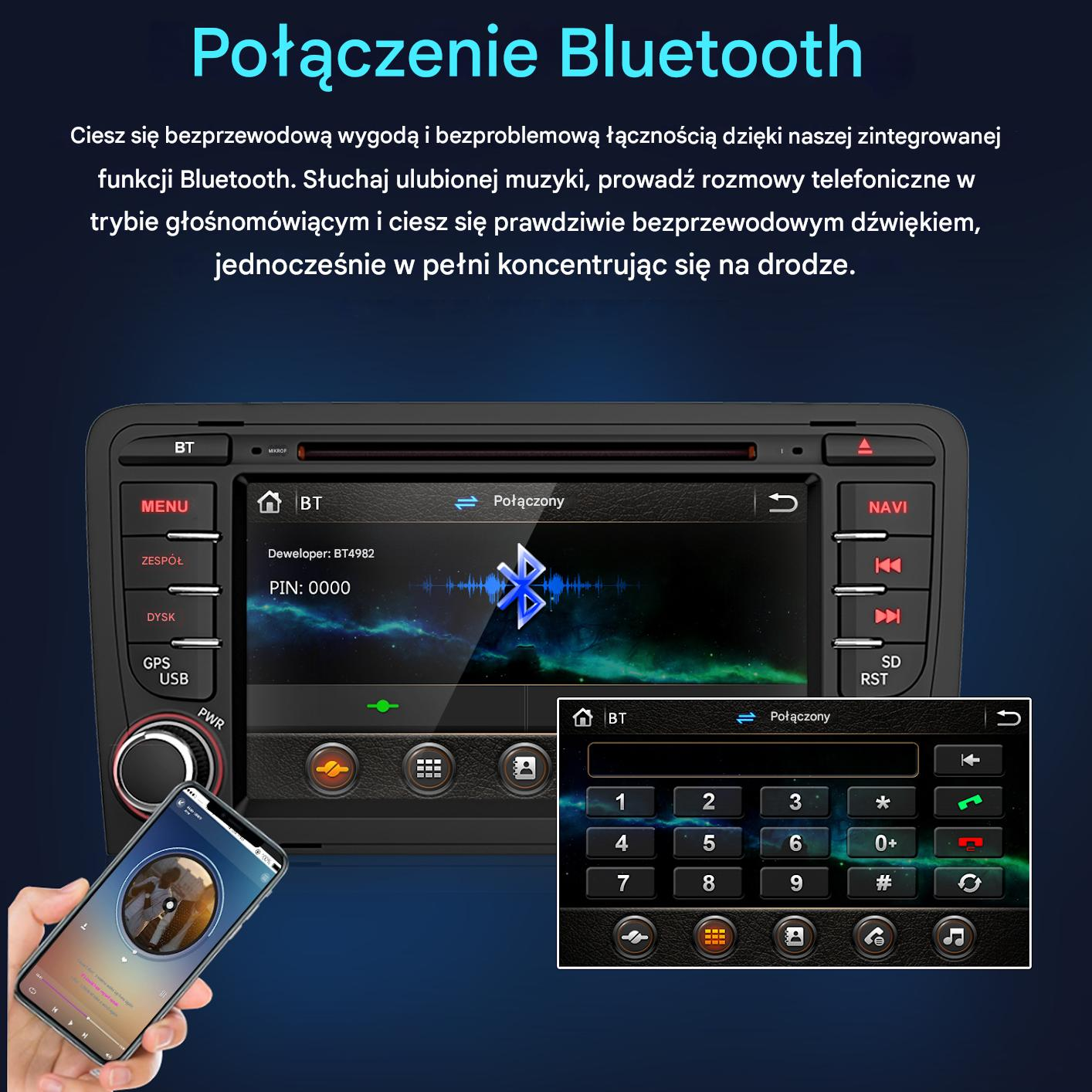 Samochodowy system infotainment pokazujący połączenie Bluetooth, telefon i klawiaturę.