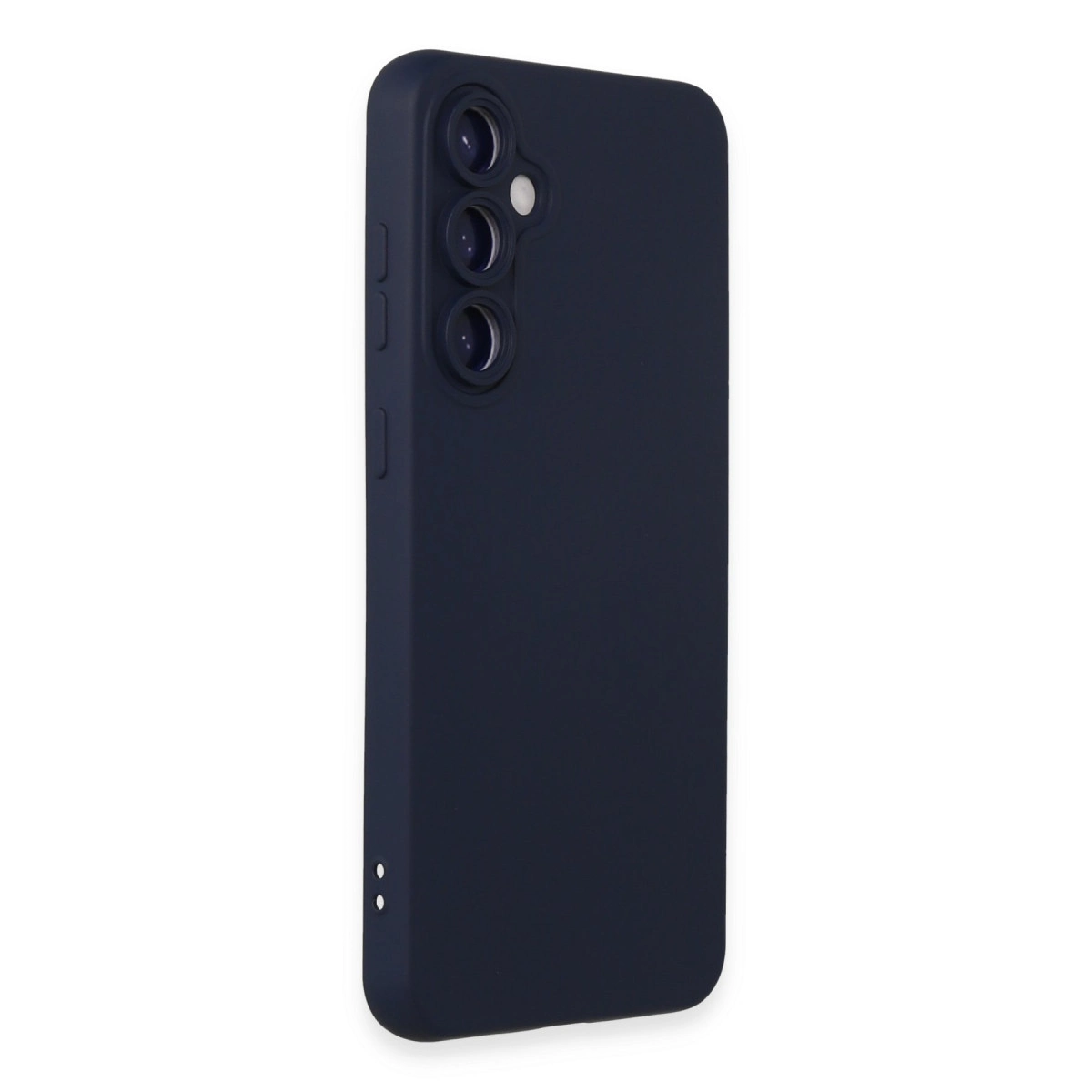 Üç kamera lensi ve flaşa sahip koyu mavi telefon kılıfı.