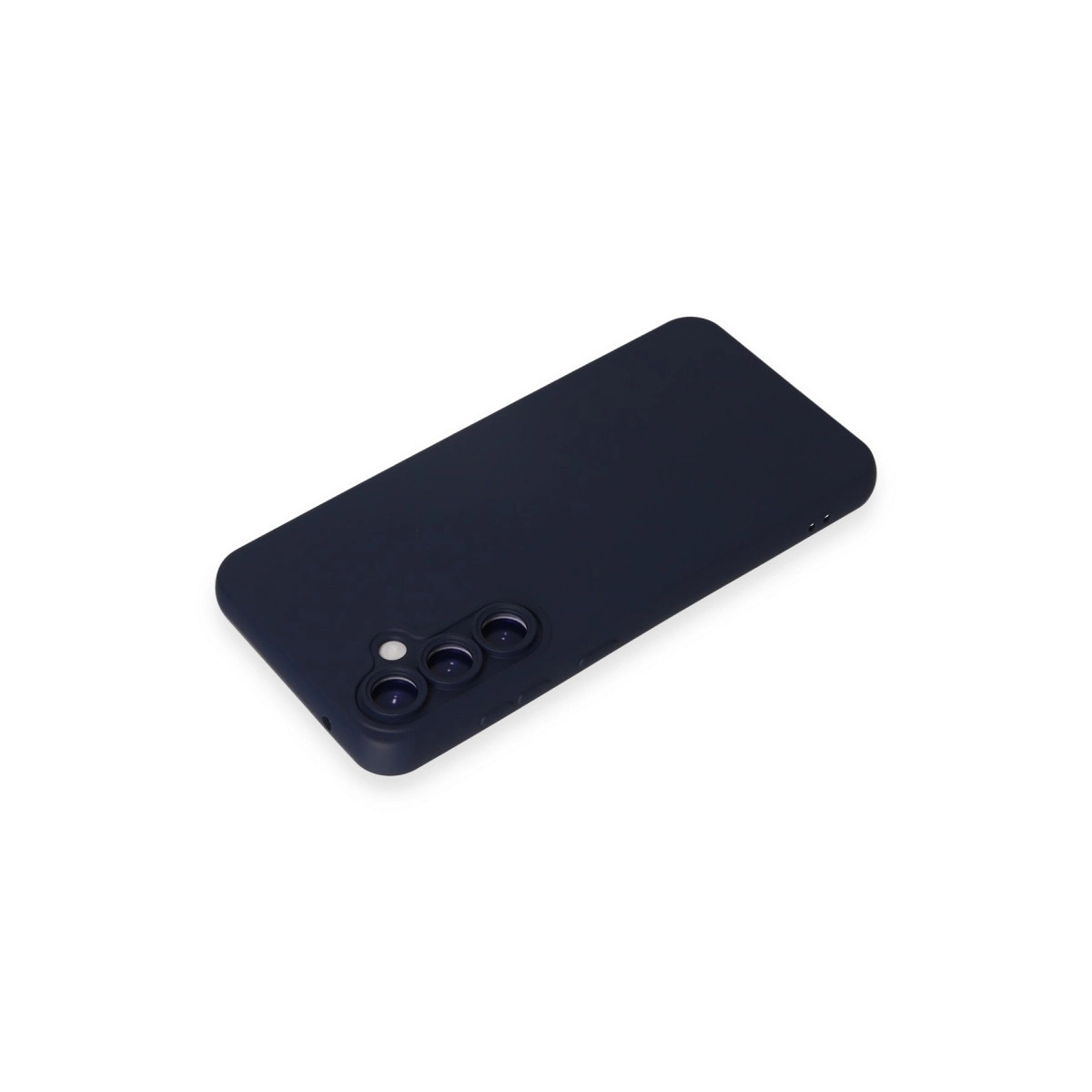Üç kamera lensi oyuntulu lacivert telefon kılıfı, beyaz zeminde.