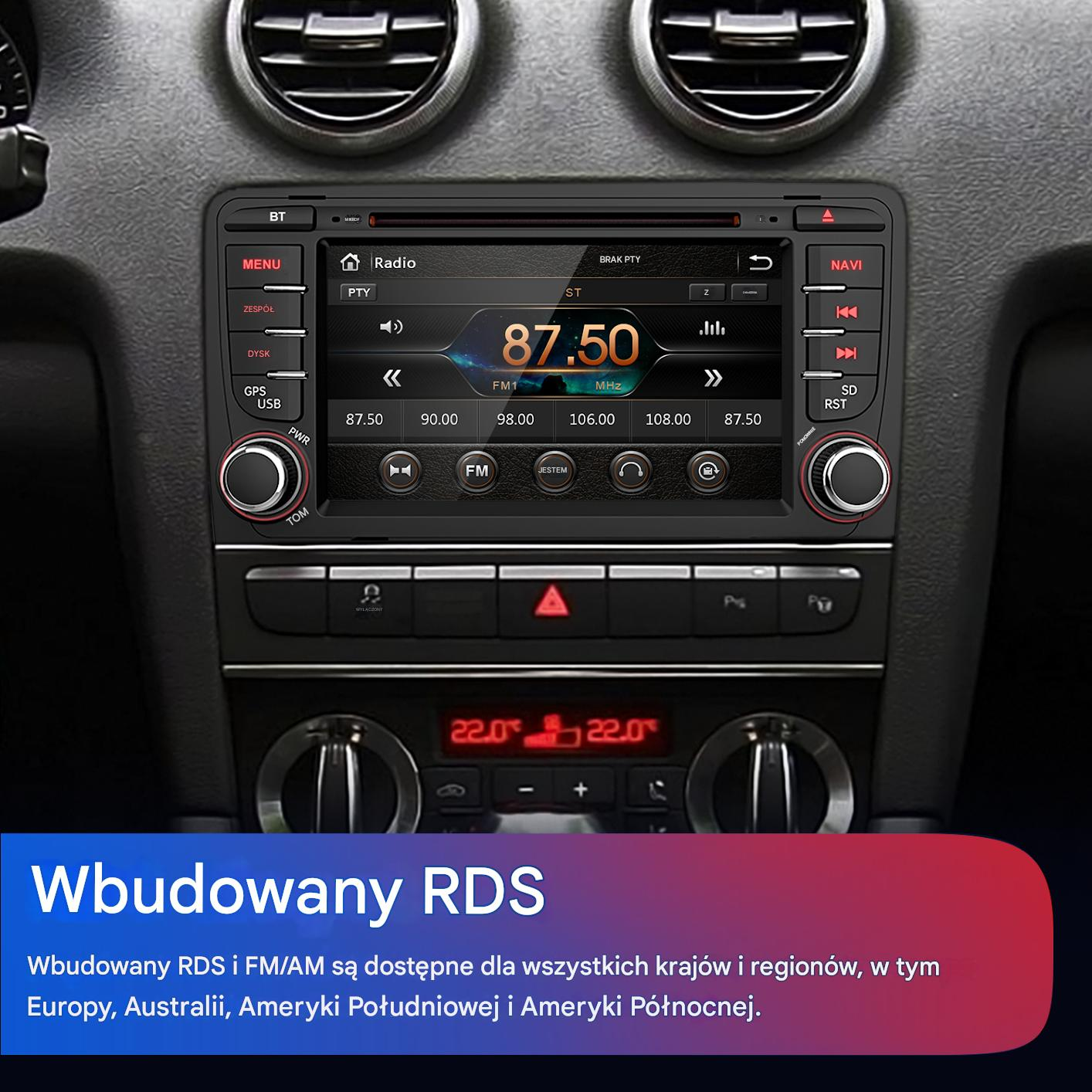 Radio samochodowe z ekranem pokazującym 87,50 MHz. Widoczne przyciski. Tekst: Wbudowany RDS.