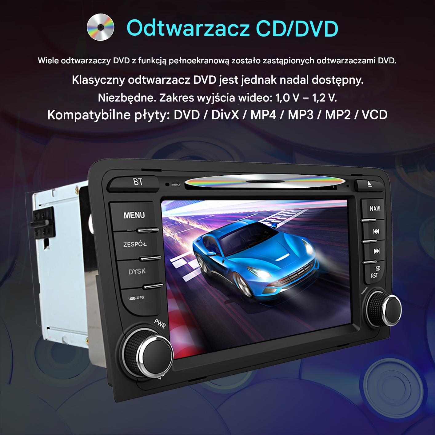 Odtwarzacz CD/DVD z niebieskim samochodem sportowym na ekranie i slotem CD.