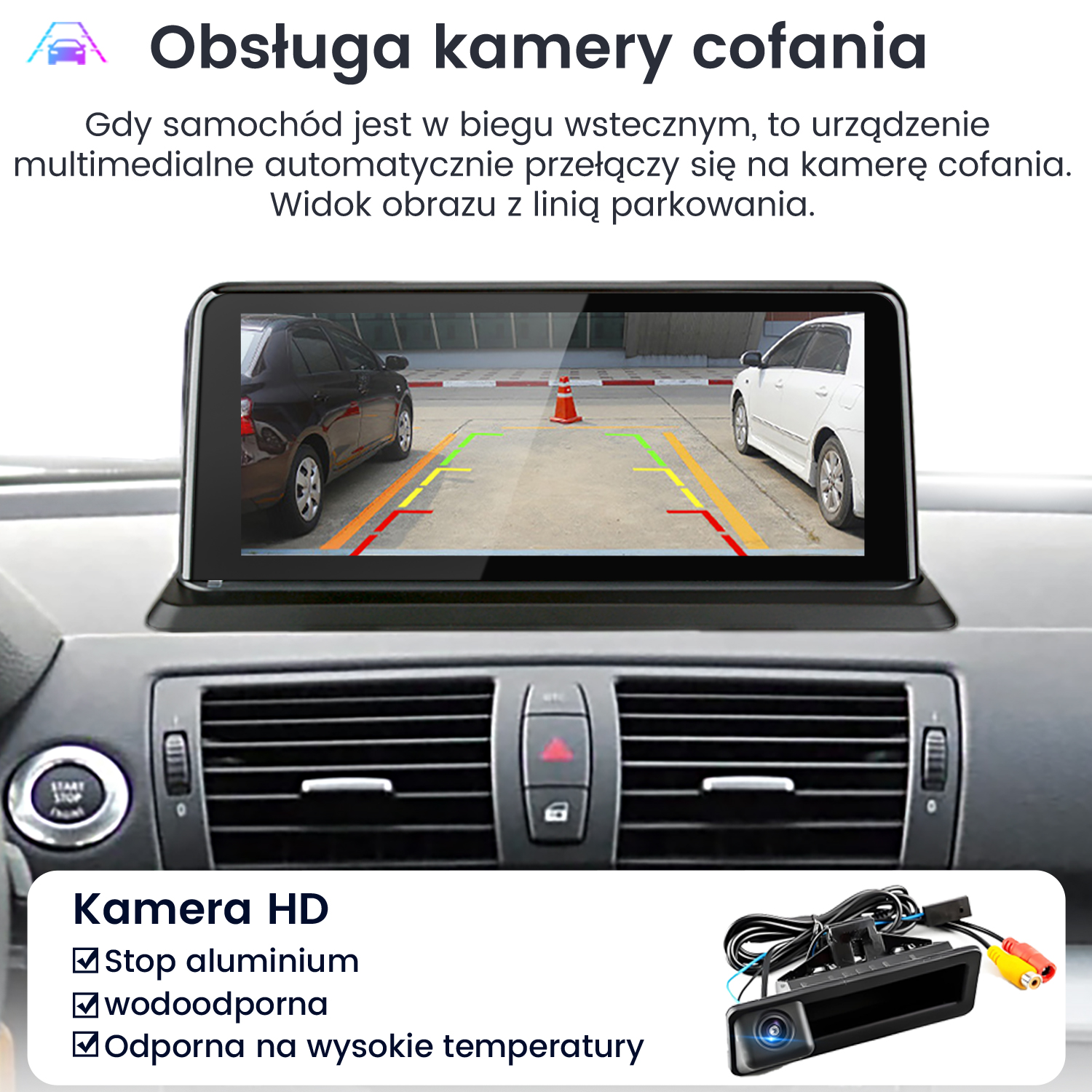 Ekran samochodu z widokiem kamery cofania i liniami parkowania.