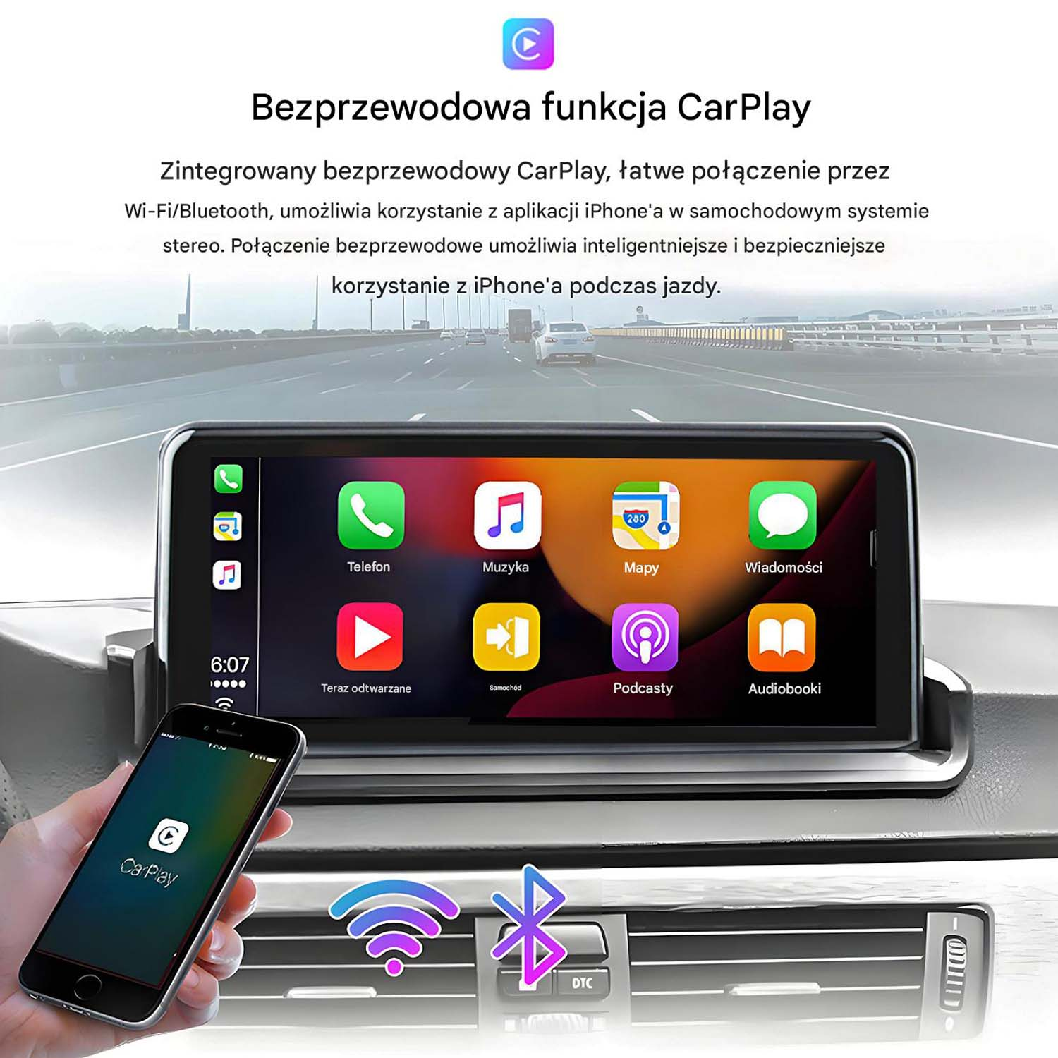 iPhone łączy się bezprzewodowo z systemem infotainment samochodu.