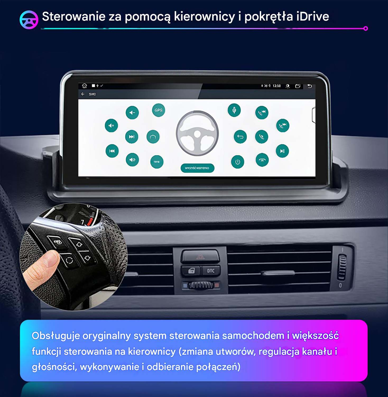 Ekran multimedialny samochodu pokazuje kontrolki kierownicy i dłoń na kierownicy.