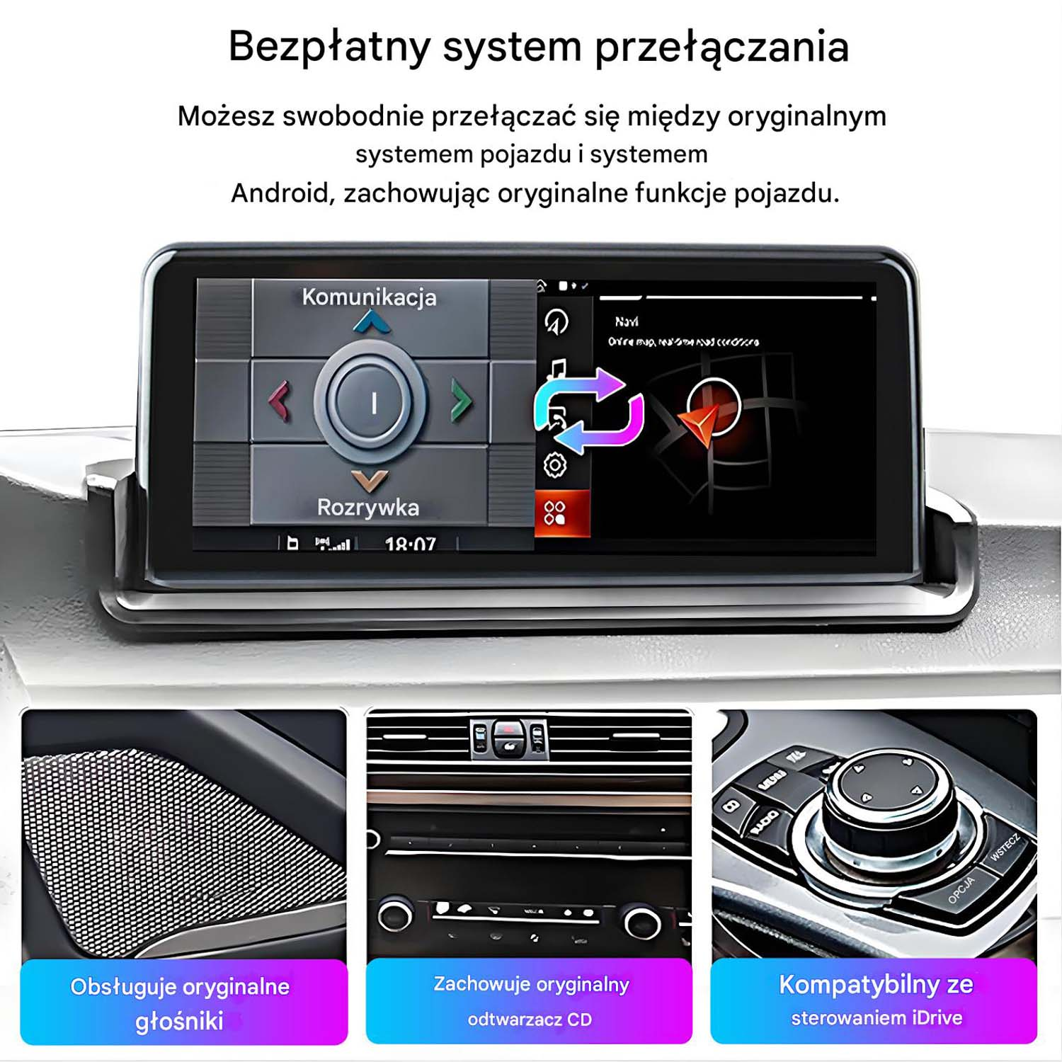 System infotainment samochodu z nawigacją i trzema zdjęciami.