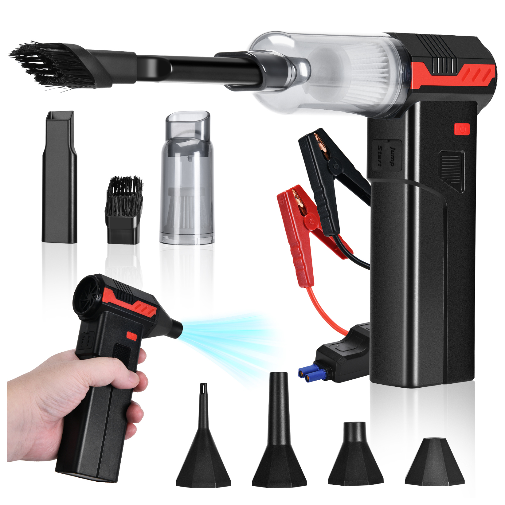 Odkurzacz akumulatorowy z akcesoriami, kablami rozruchowymi i trzymającą go ręką.