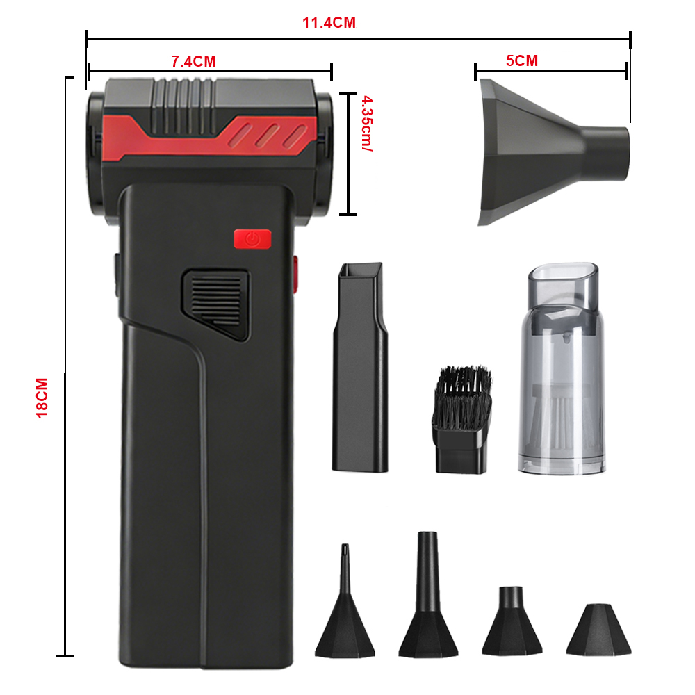 Czarny odkurzacz ręczny z czerwonymi akcentami i akcesoriami.