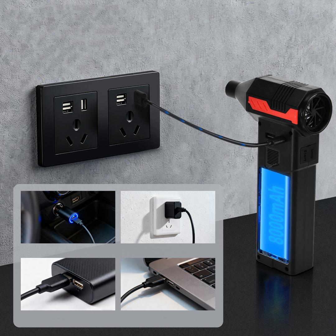 Czarna ładowarka wielogniazdowa z portami USB podłączona do gniazdka ściennego.