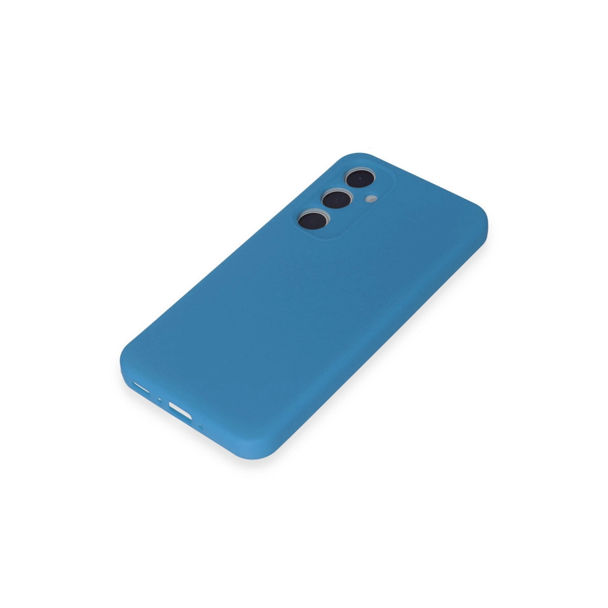 Beyaz arka plan üzerinde üç kamera lensli mavi telefon kılıfı.