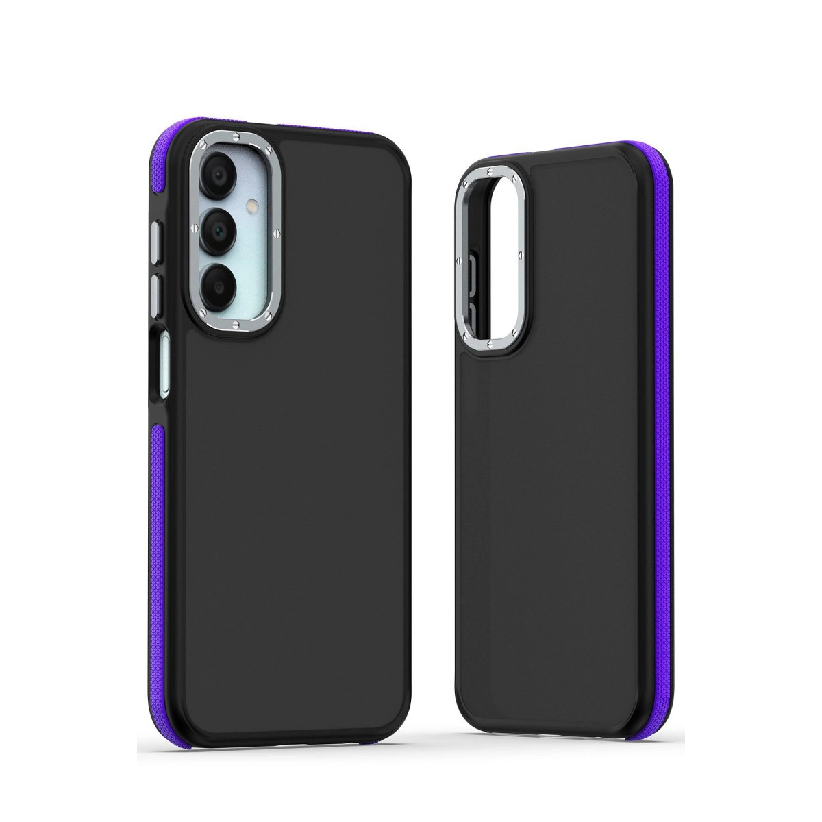 Gümüş kamera çerçeveli, mor kenarlı iki siyah telefon kılıfı.