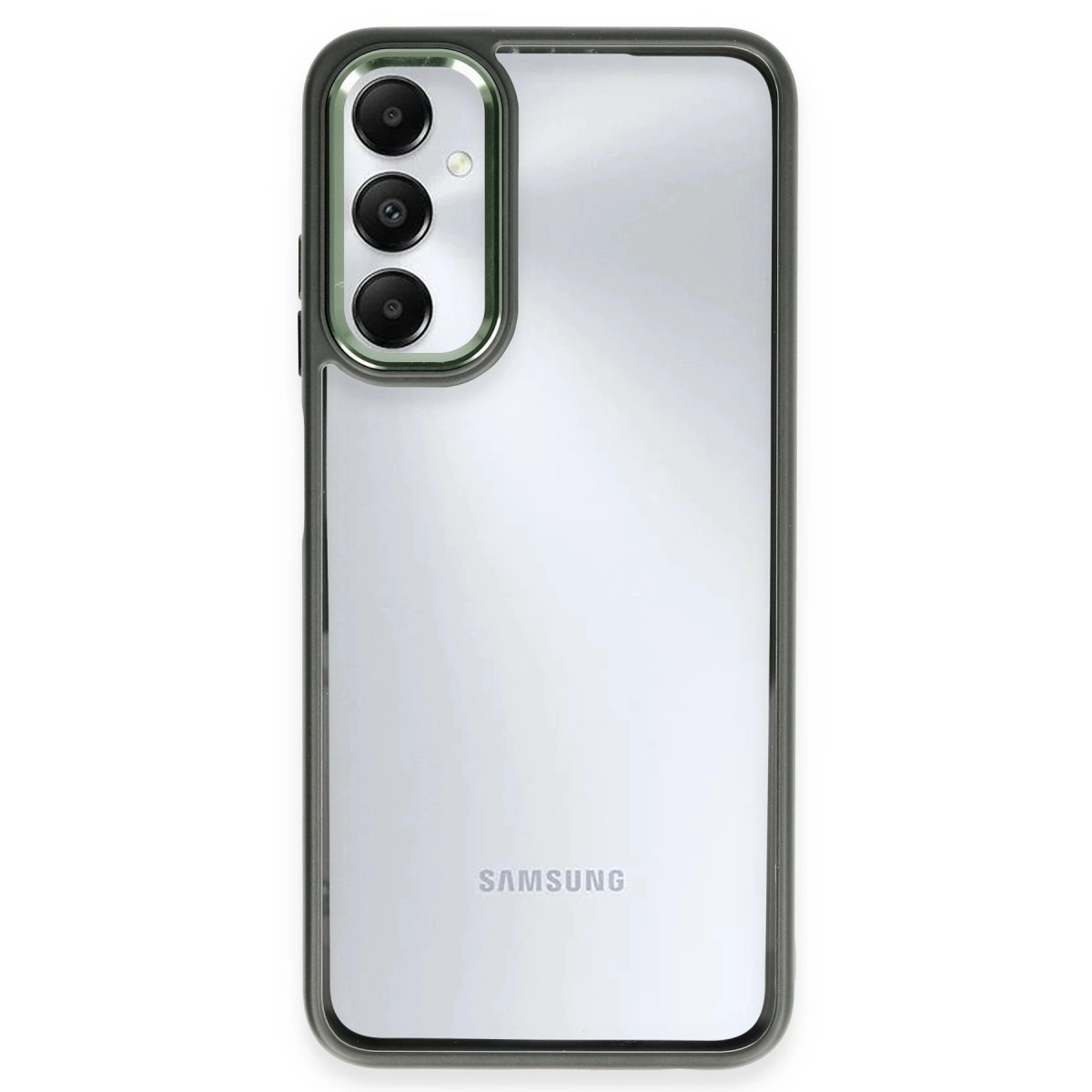 Üç kameralı şeffaf Samsung telefonun arkası ve Samsung logosu.