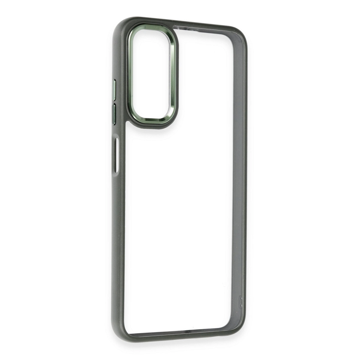 Şeffaf pencere ve yeşil kenarlı koyu gri telefon kılıfı.