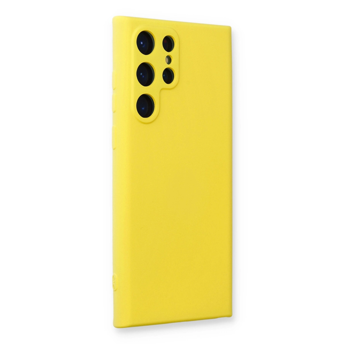 Arkada kamera modülü olan sarı telefon kılıfı.