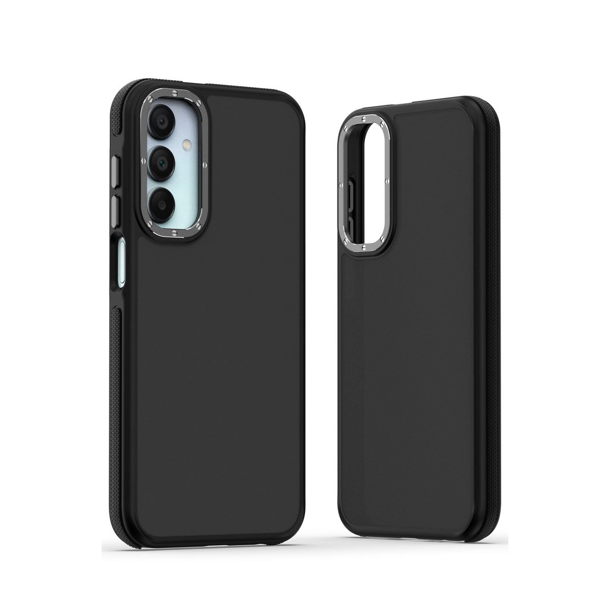 Beyaz arka plan üzerinde gümüş vurgulu iki siyah telefon kılıfı.