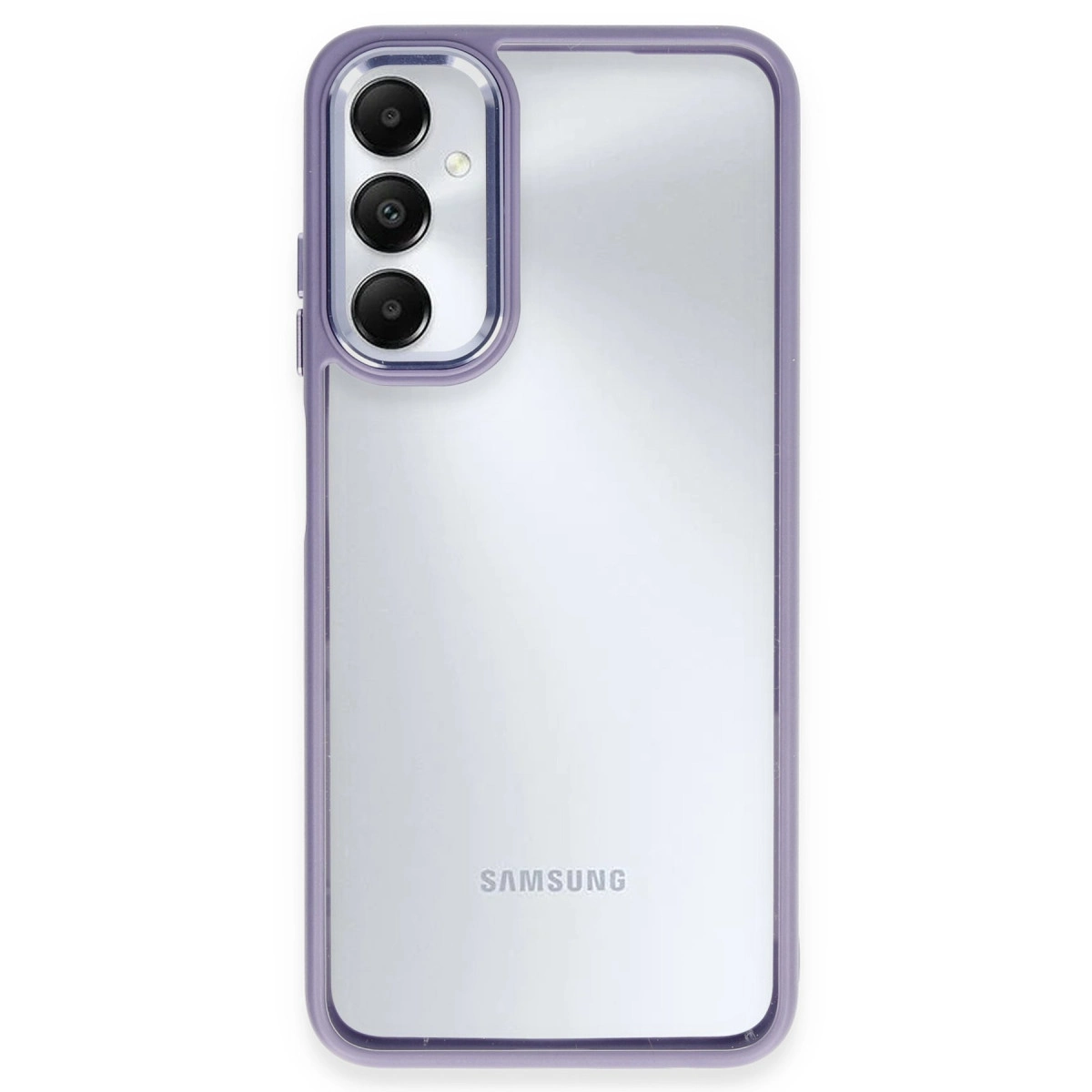 Üç kameralı, mor çerçeveli şeffaf Samsung telefon.