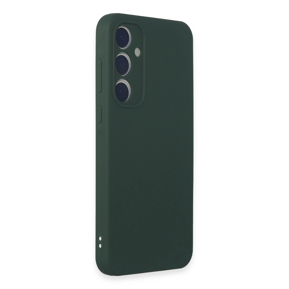 Üç kamera lensli ve yan düğmeli koyu yeşil telefon kılıfı.