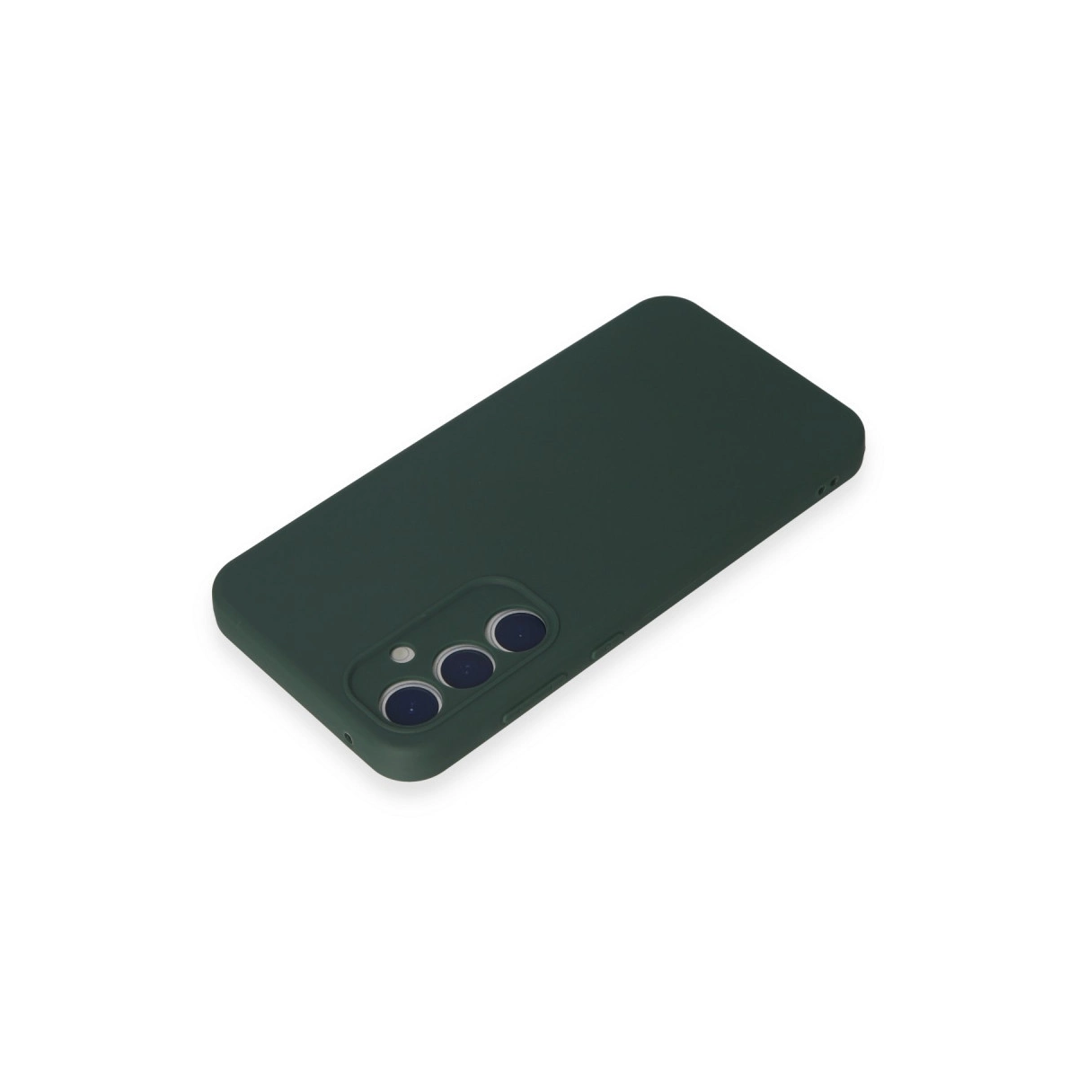 Beyaz arka plan üzerinde üç kamera lensli koyu yeşil telefon kılıfı.