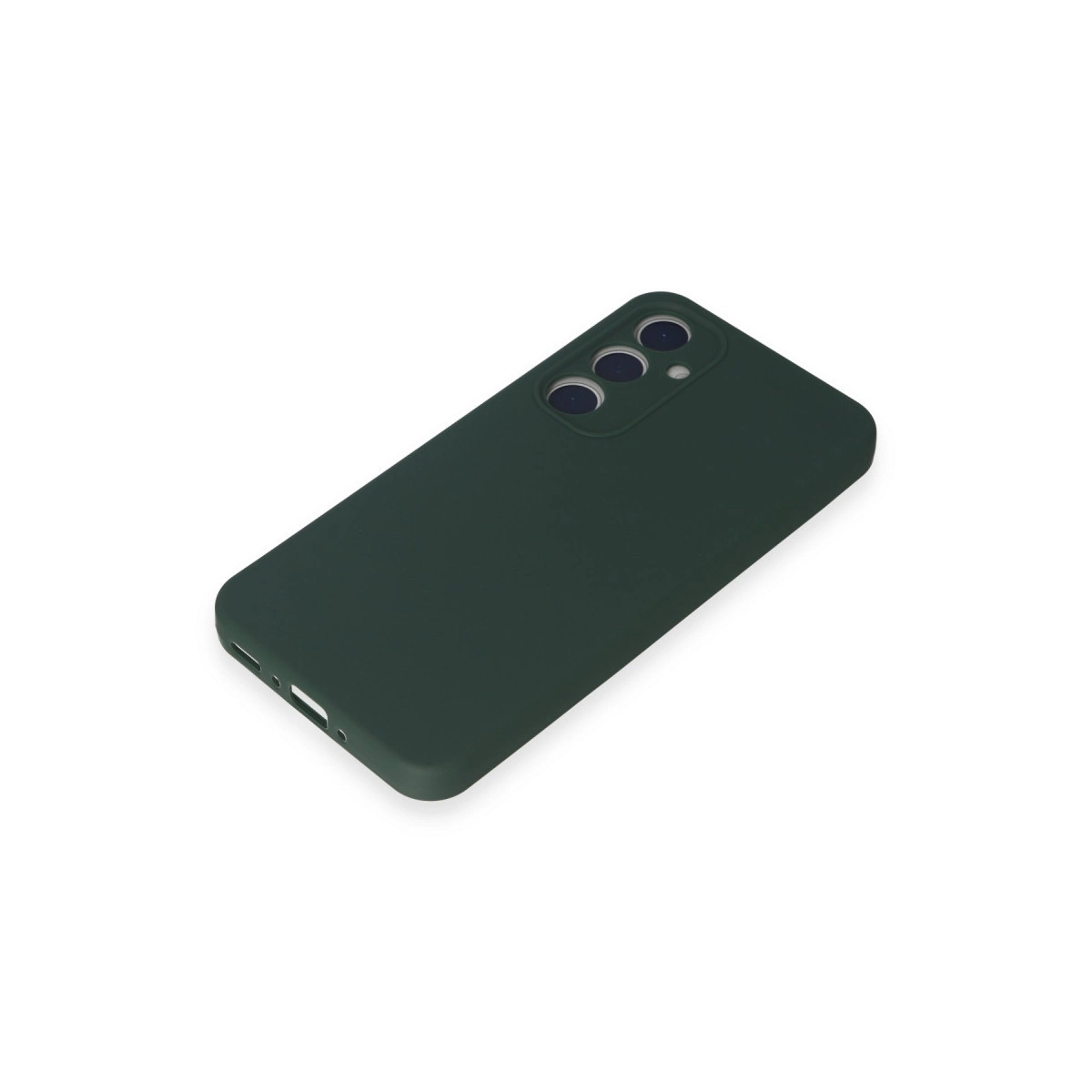 Üç kamera lensli ve şarj portlu koyu yeşil telefon kılıfı.