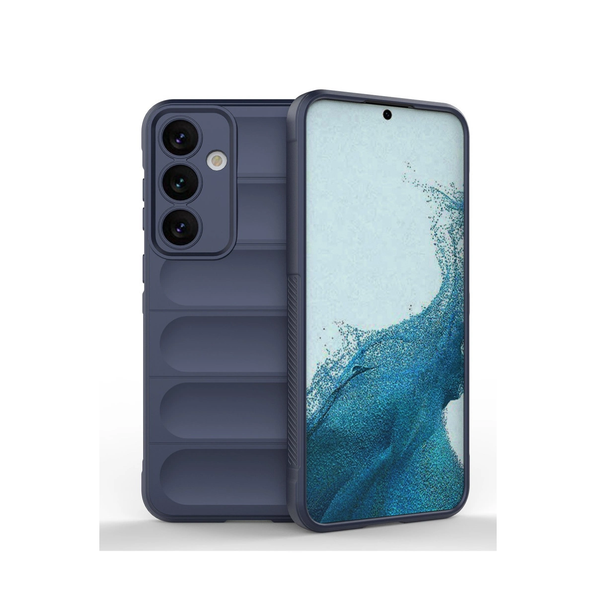 Üçlü kamerası ve desenli arkası olan koyu mavi telefon, ekranı açık.