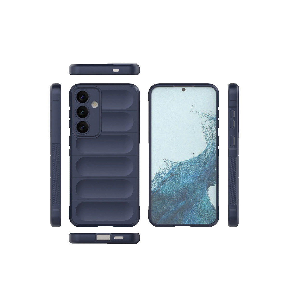 Kenarlı ve kamera kesimli lacivert telefon kılıfı. Birden çok görünüm.
