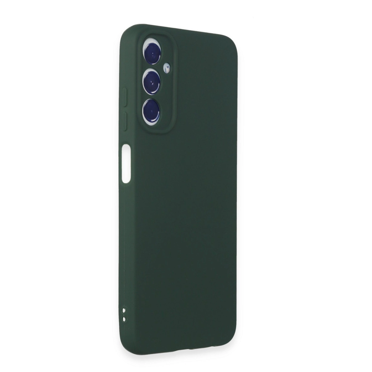Üç kamera lensli ve yan düğmeli koyu yeşil telefon kılıfı.