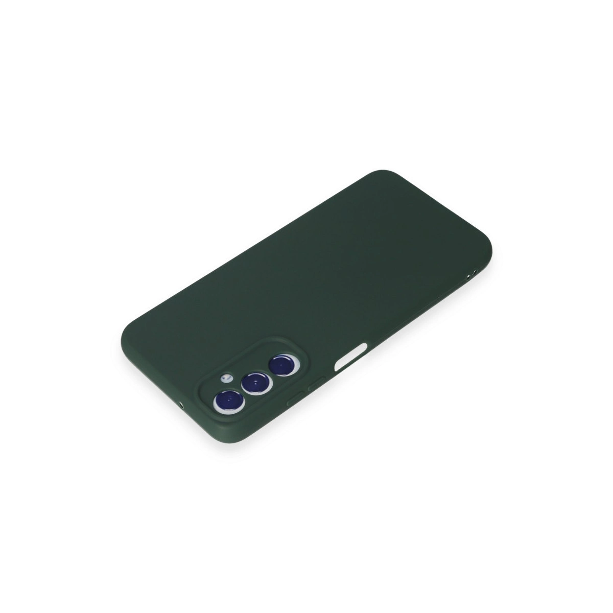 Arkada üç kamera lensi olan koyu yeşil telefon kılıfı.