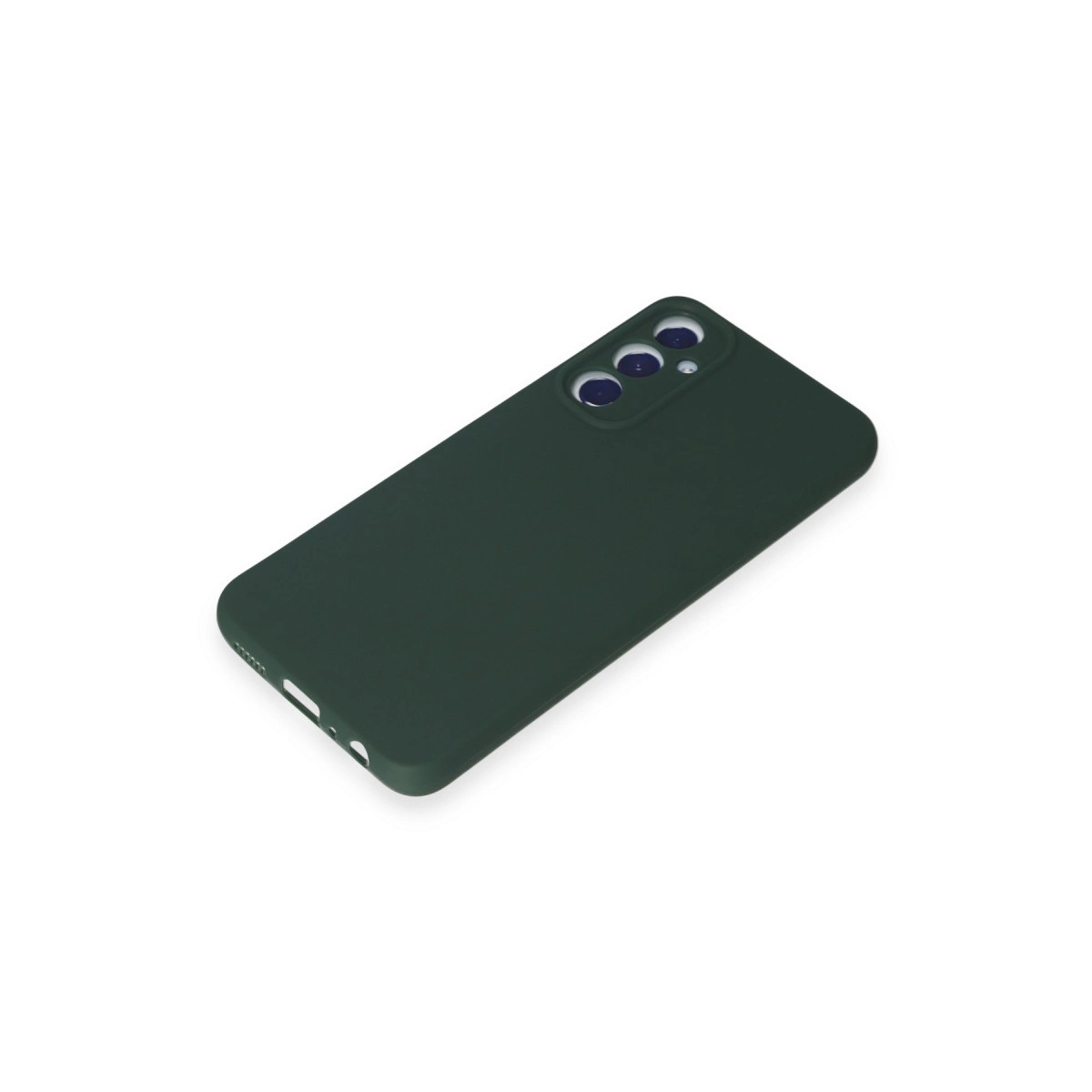 Üç kamera lens açıklığına sahip koyu yeşil telefon kılıfı, beyaz arka plan üzerinde.