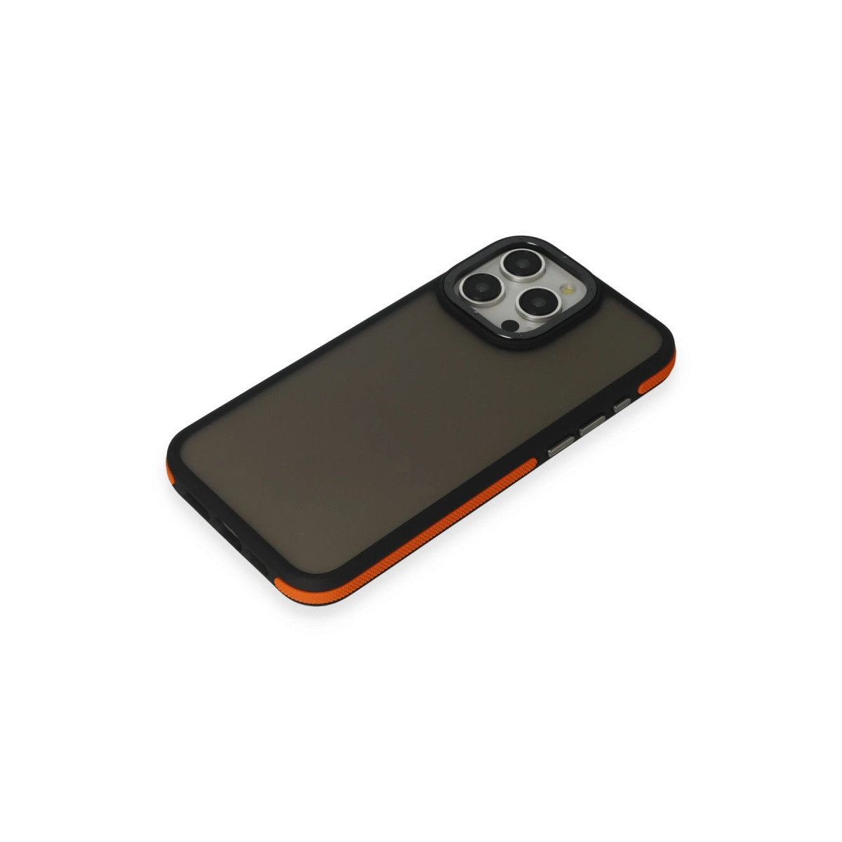 Turuncu kenarlı ve kamera modüllü koyu gri telefon kılıfı.