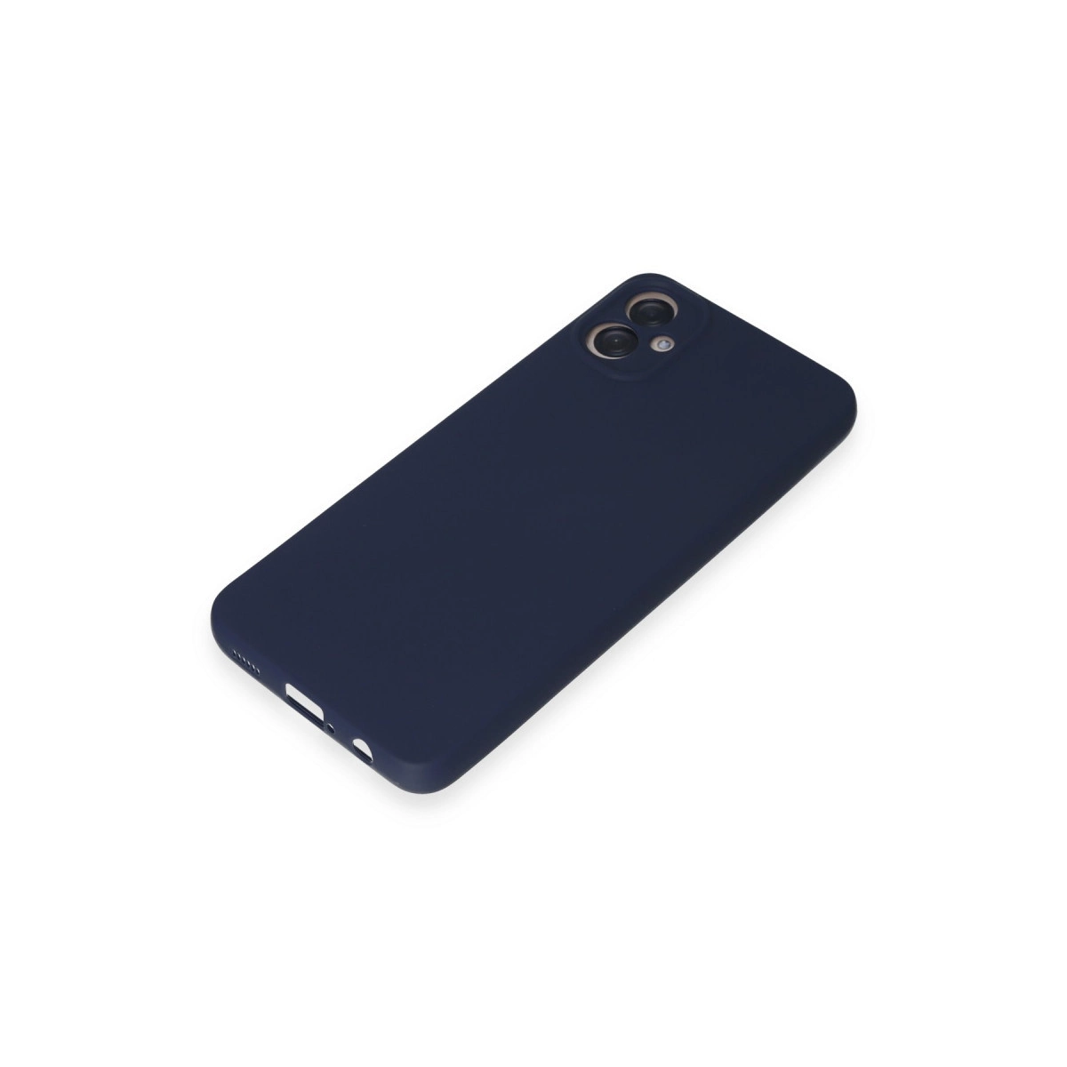 İki kameralı lacivert telefon kılıfı beyaz arka plan üzerinde.