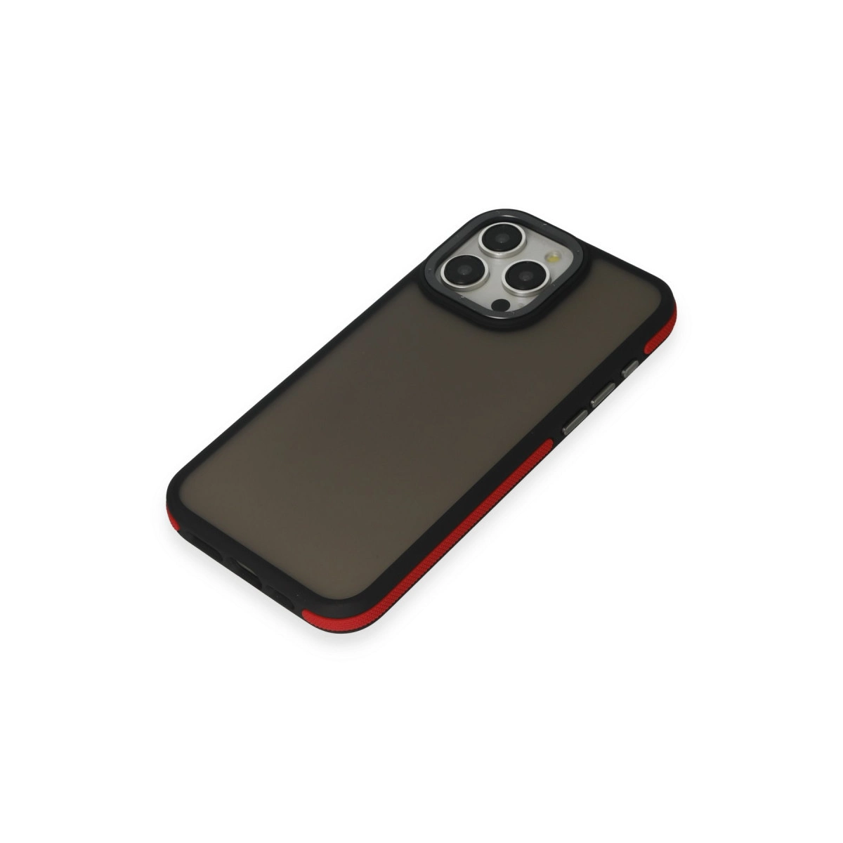 Kırmızı kenarlı ve kamera modüllü koyu gri telefon kılıfı.