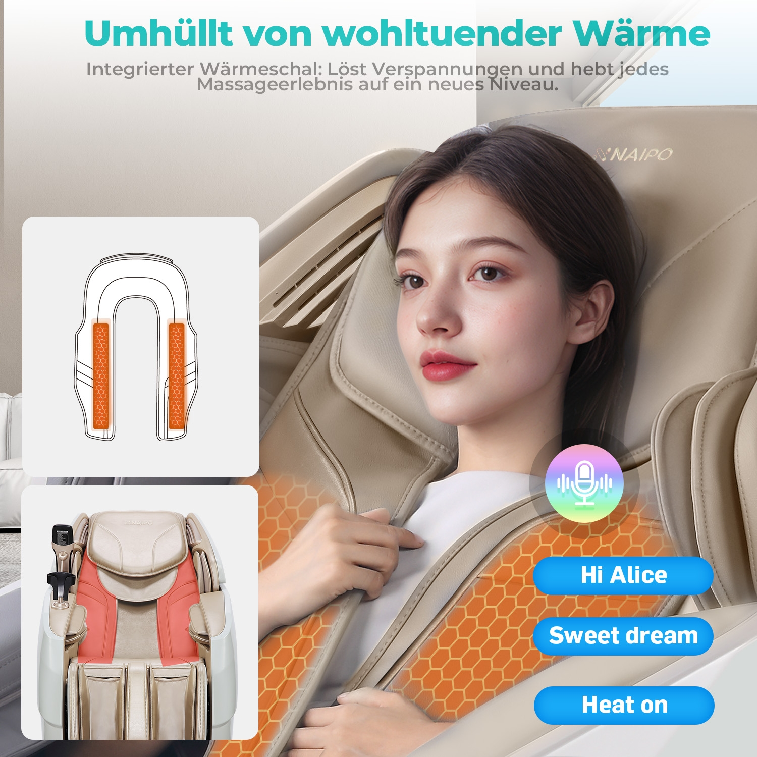 Frau in Massagesessel mit integrierter Heizfunktion und Steuerung.