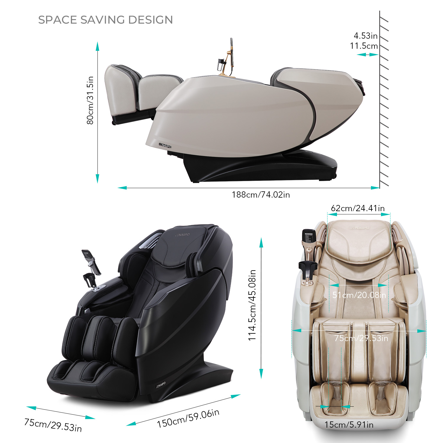 Drei Ansichten eines modernen Massagesessels in Beige und Schwarz mit Maßen.