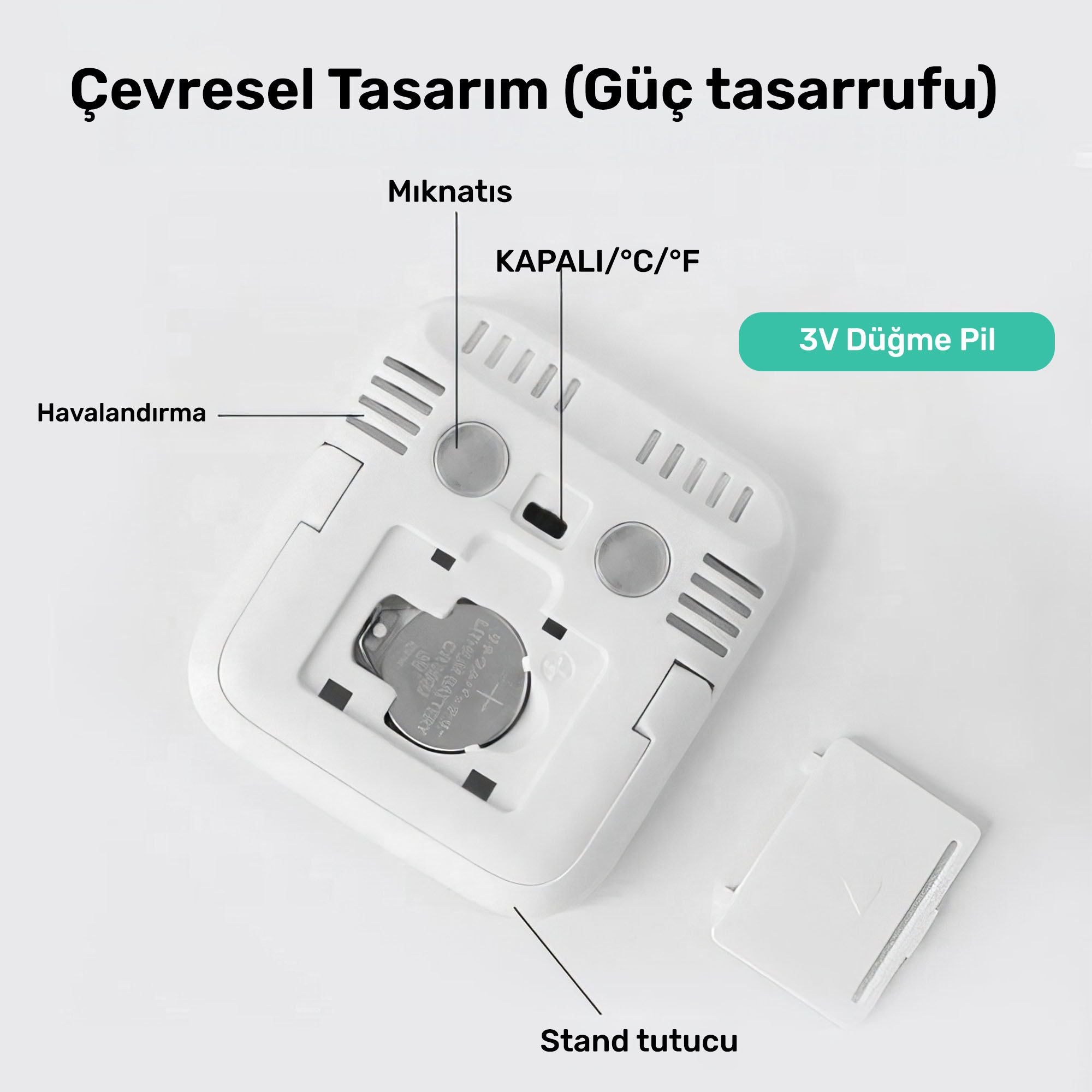 Havalandırma delikleri, mıknatıslar ve düğme pil gösteren beyaz cihaz.