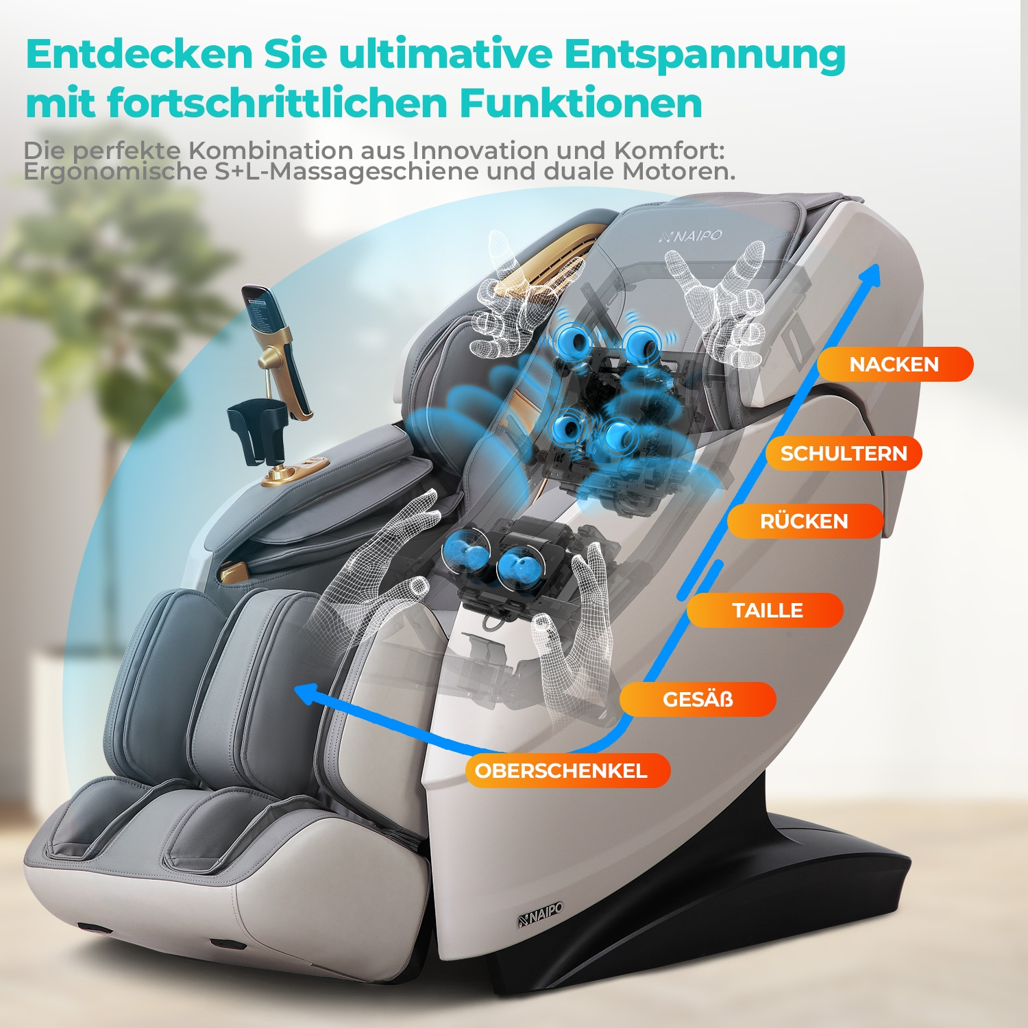 Ein Massagesessel mit Diagramm, das Nacken, Schultern, Rücken, Taille, Gesäß und Oberschenkel hervorhebt.