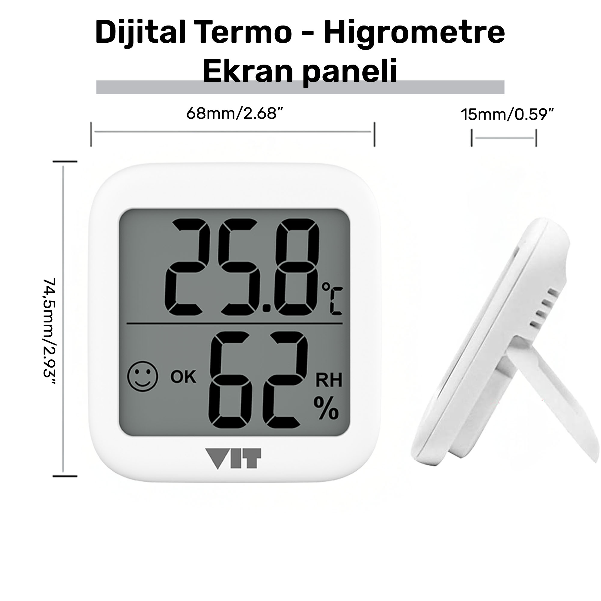 Beyaz dijital termo-higrometre 25,8°C ve %62 nem gösteriyor.