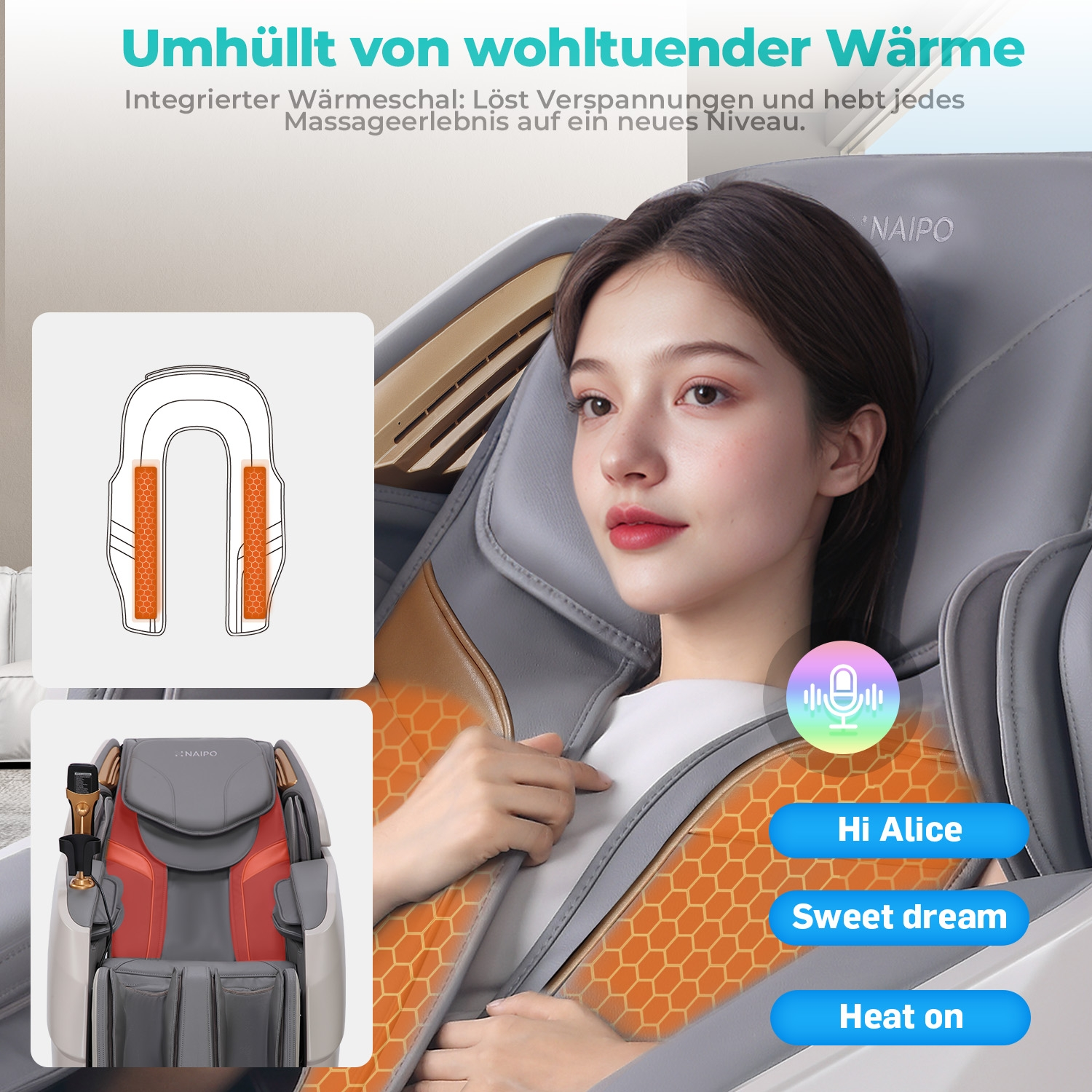 Frau in einem Massagesessel mit Wärmefunktion. Naipo.