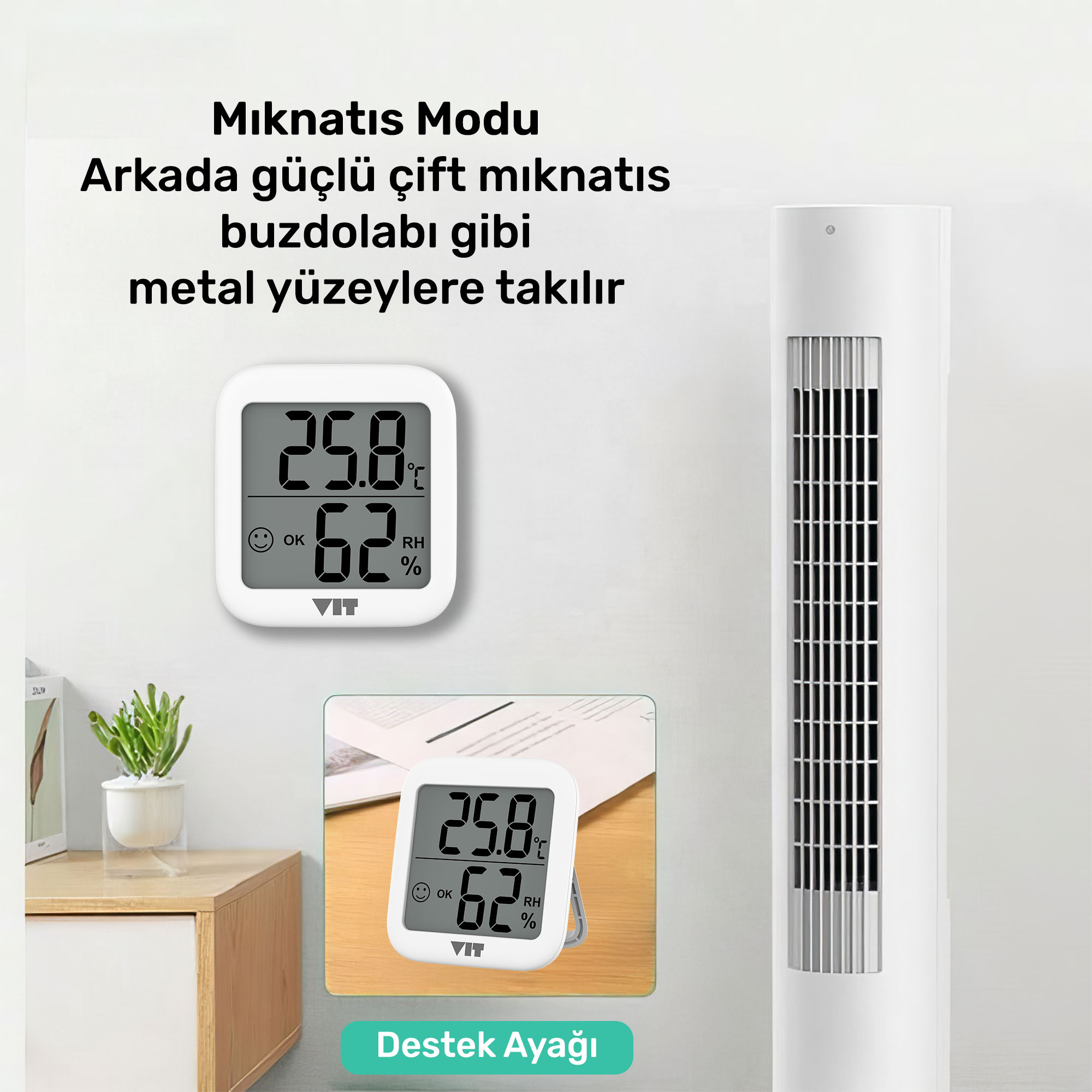 Beyaz kule tipi vantilatör ve dijital termometre/higrometre masada bir bitkinin yanında gösteriliyor.