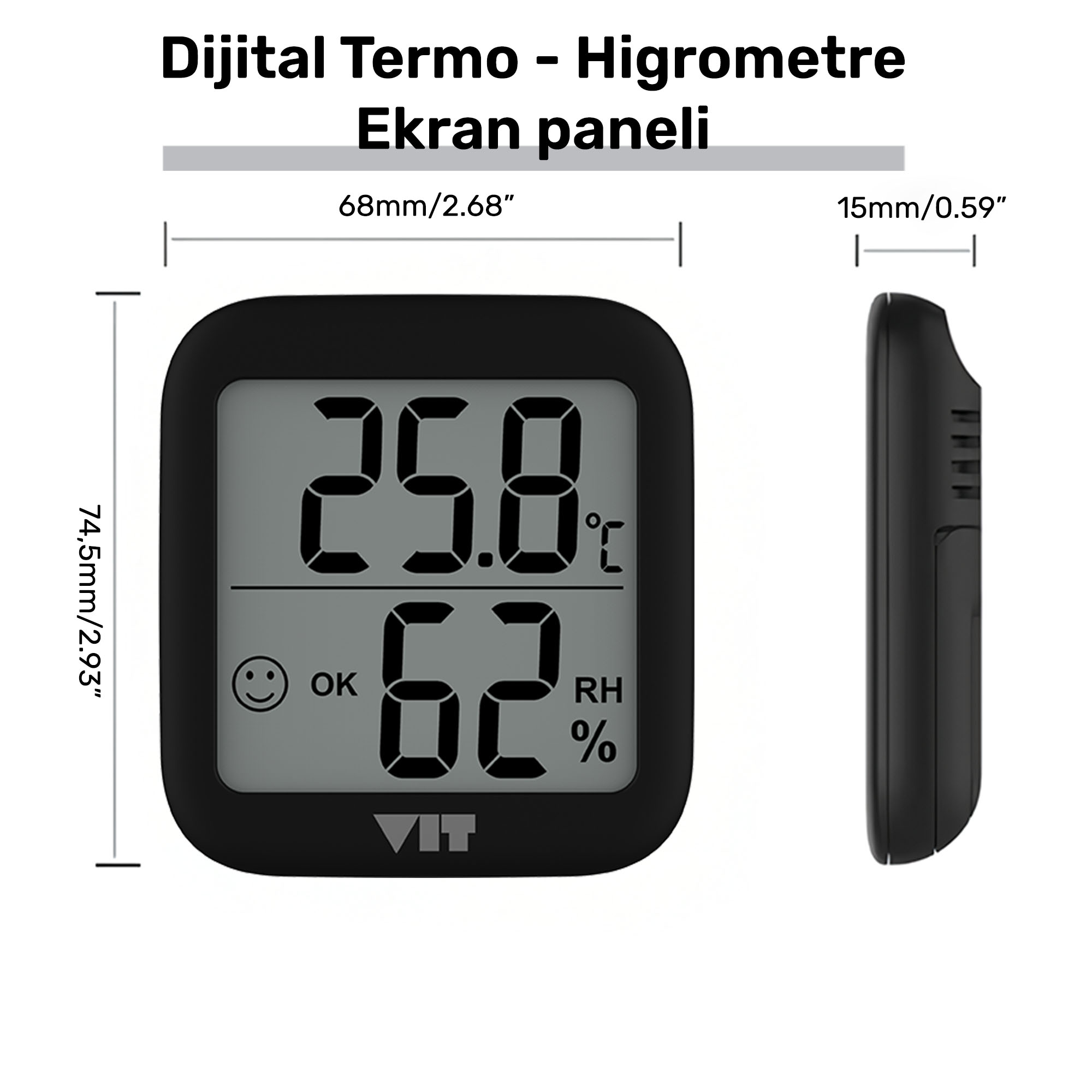Dijital termo-higrometre 25.8°C ve %62 RH gösteriyor.